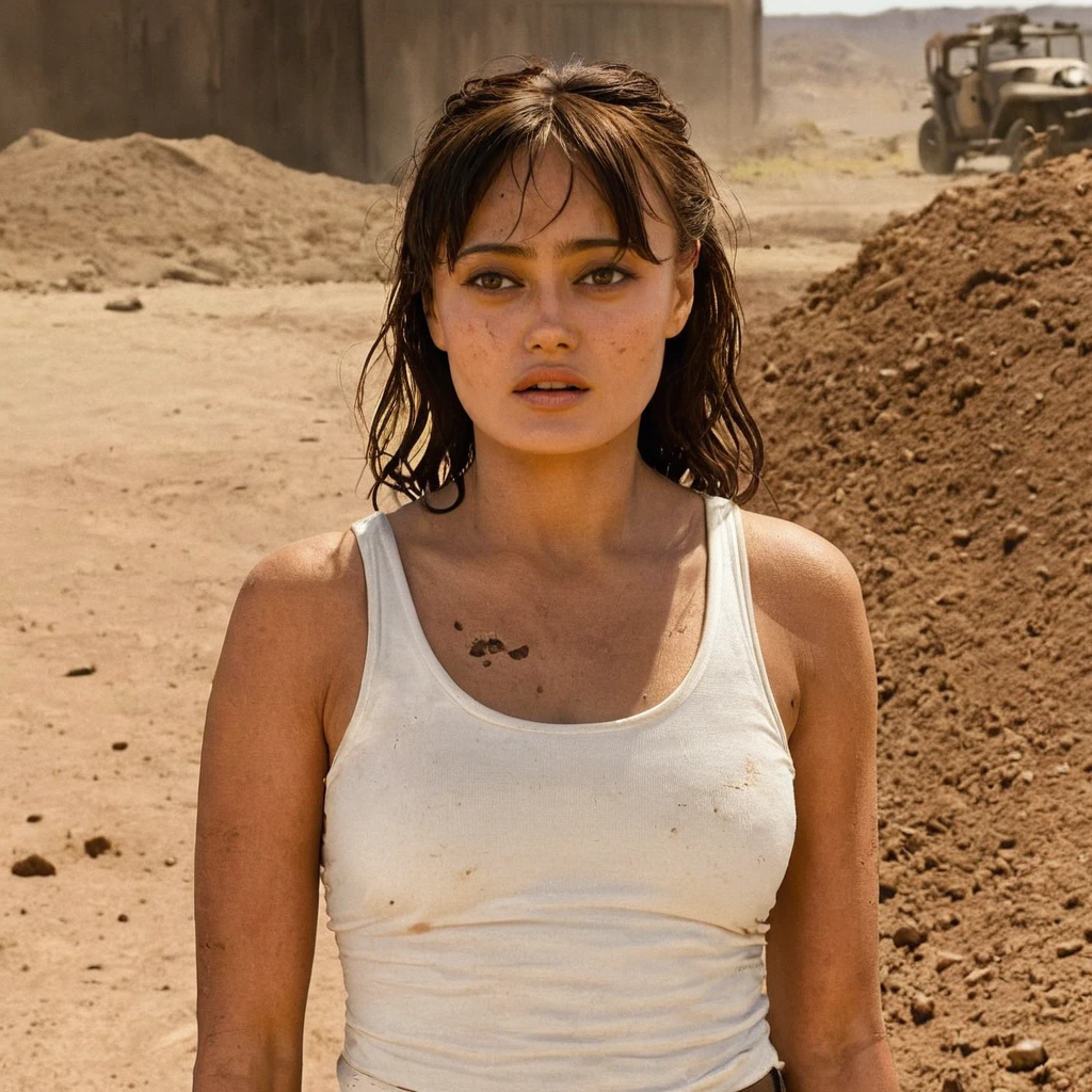 ella purnell, in wasteland, post-apocalypse, white tank top, dirt, cinematic, close-up, portrait, high-definition <lora:ella_purnell_xl_stoken_240520_bs8-000060:1>
