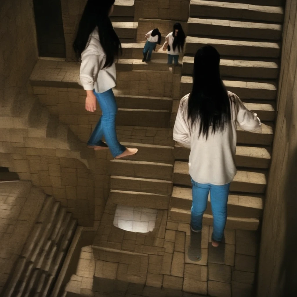 crazystair, multidimensional stairs labyrinth, mdsl, 1girl, long hair, shirt, black hair, 1boy, standing, white shirt, male focus, pants, denim, reflection, jeans, stairs