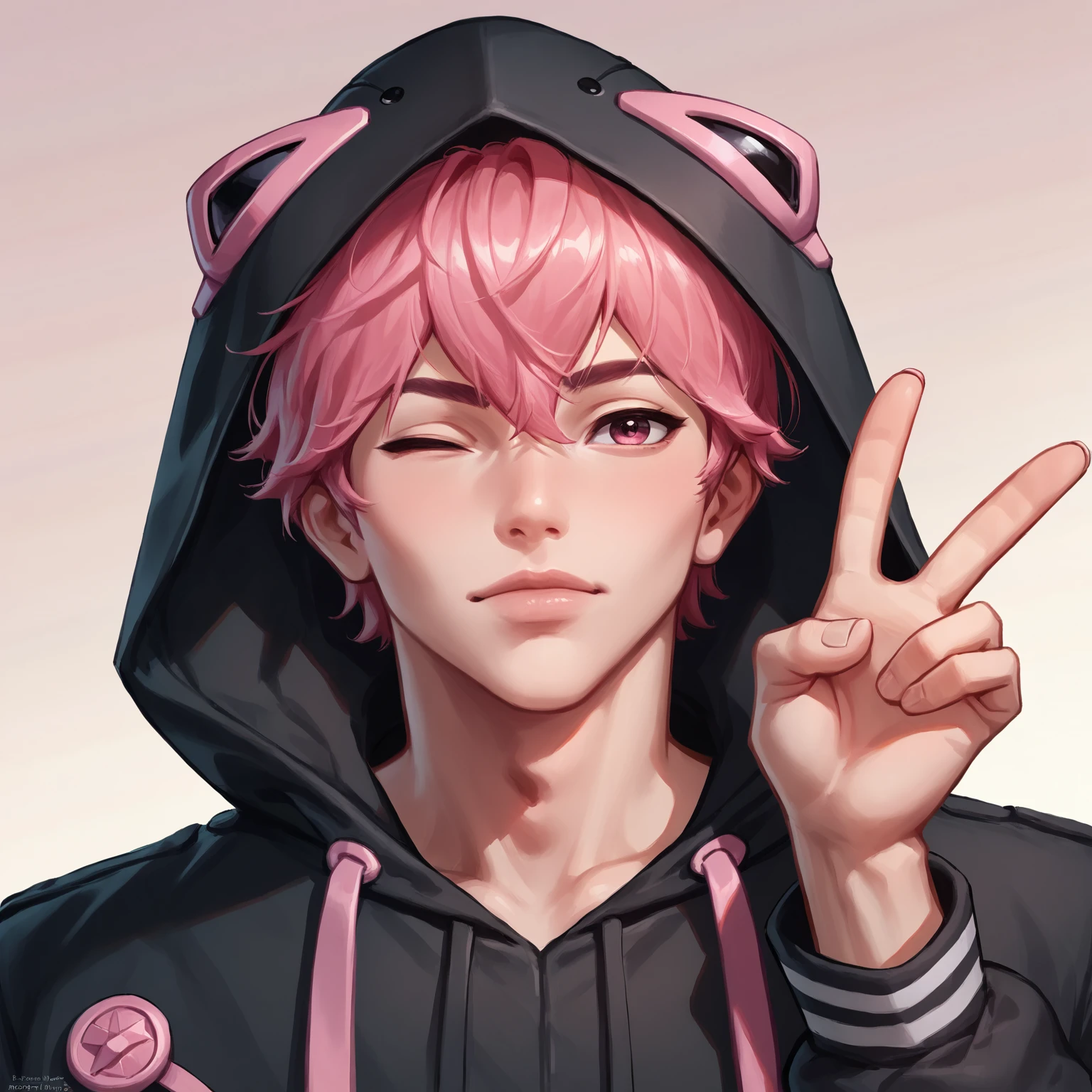 score_9, score_8_up, score_7_up, all in one, masterpiece, best quality, lots of details, Bamby, 1boy, male focus, pink hair, pink eyes, solo, slim, one eye closed,pink eyes,looking at viewer,hood, (v:1.2), short hair, closed mouth, hood up, lips , portrait, hair between eyes, embedding:zPDXL2, 