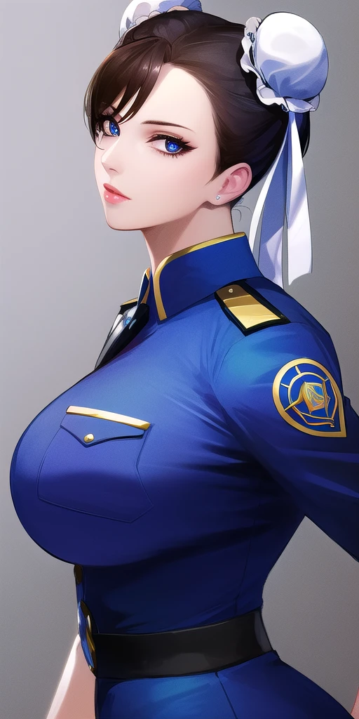 <lora:ChunLIV5:0.7> sfchunlidoublebun, huge_breasts, standing, solo, policewoman,, masterpiece, best_quality, detailed_face, detailed_eyes, highres, beautiful, detailed, absurdres,