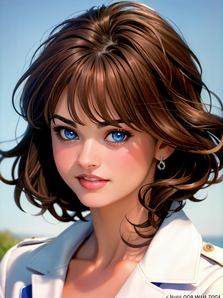 Realistic photo of a beautiful k4r3nmd woman,1girl, solo, looking at viewer, short hair, bangs, blue eyes, brown hair, jewelry, earrings, parted lips, teeth, lips, messy hair, portrait, realistic, professional Photography, Photorealistic, detailed, RAW, analog, sharp focus, high quality, film grain, masterpiece<lora:k4r3nmd:1.0>