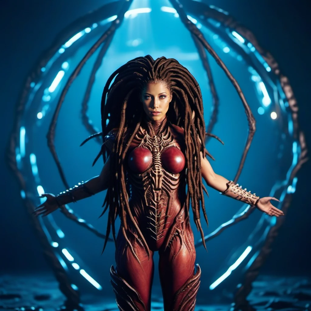 cinematic photo a full body science fiction monster woman, dreadlocks, spaceship<lora:InfestedKerrigan1024:0.8> . 35mm photograph, film, bokeh, professional, 4k, highly detailed