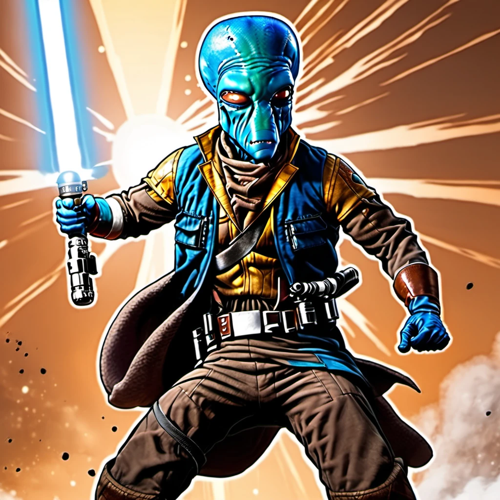 comic a male duros alien swinging a lightsaber <lora:duros_alpha2-000006:1> . graphic illustration, comic art, graphic novel art, vibrant, highly detailed