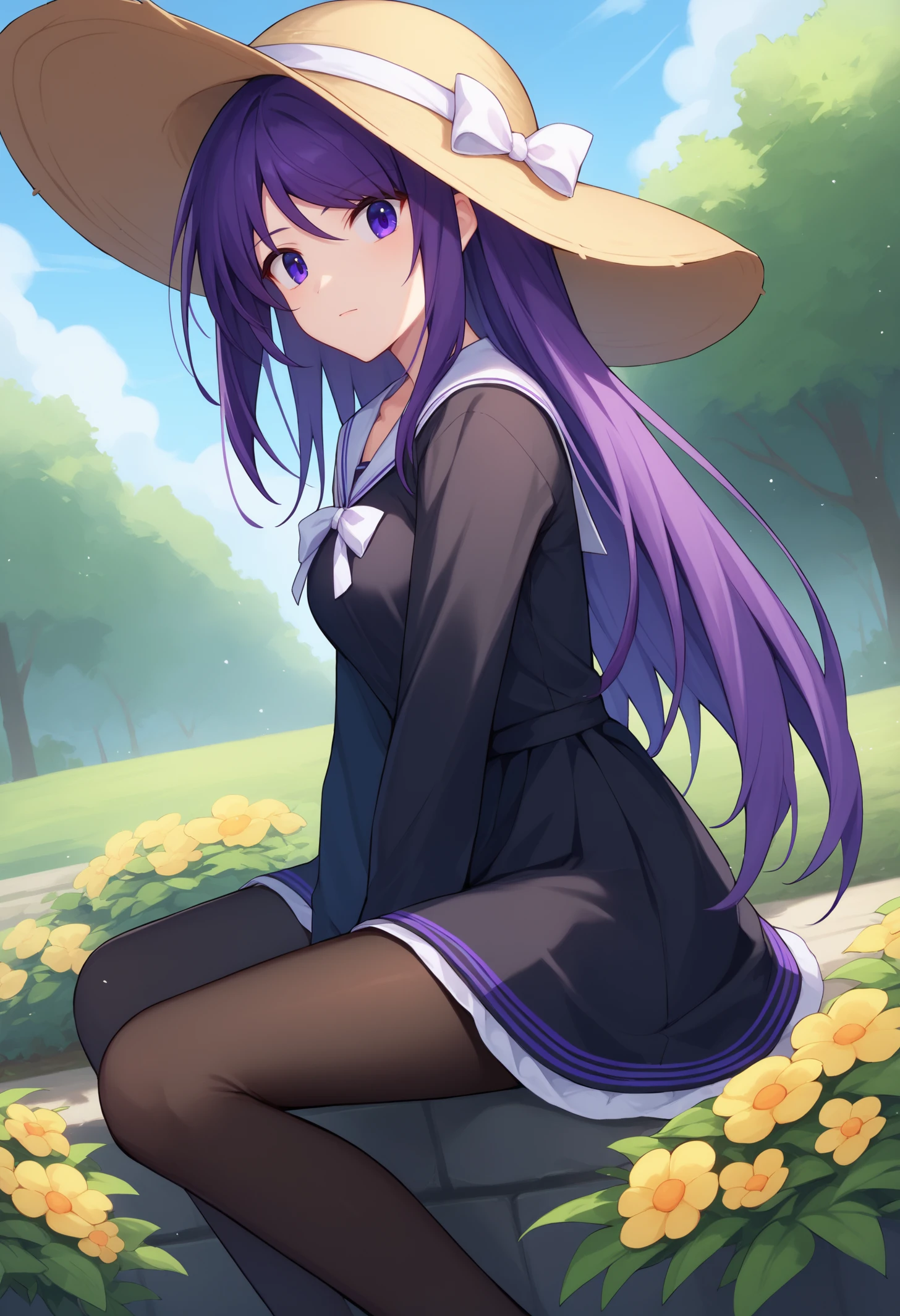 score_9, score_8_up, score_7_up, BREAK 1girl, solo, SenaAoi, purple eyes, purple hair, long hair, medium breasts, <lora:SenaAoiPDXL_V1-Manityro-CAME:1.0>, outdoors, bush, flowers, summer,
looking at viewer, sitting, side view,
black serafuku, black pantyhose, white ribbon, black sunhat,