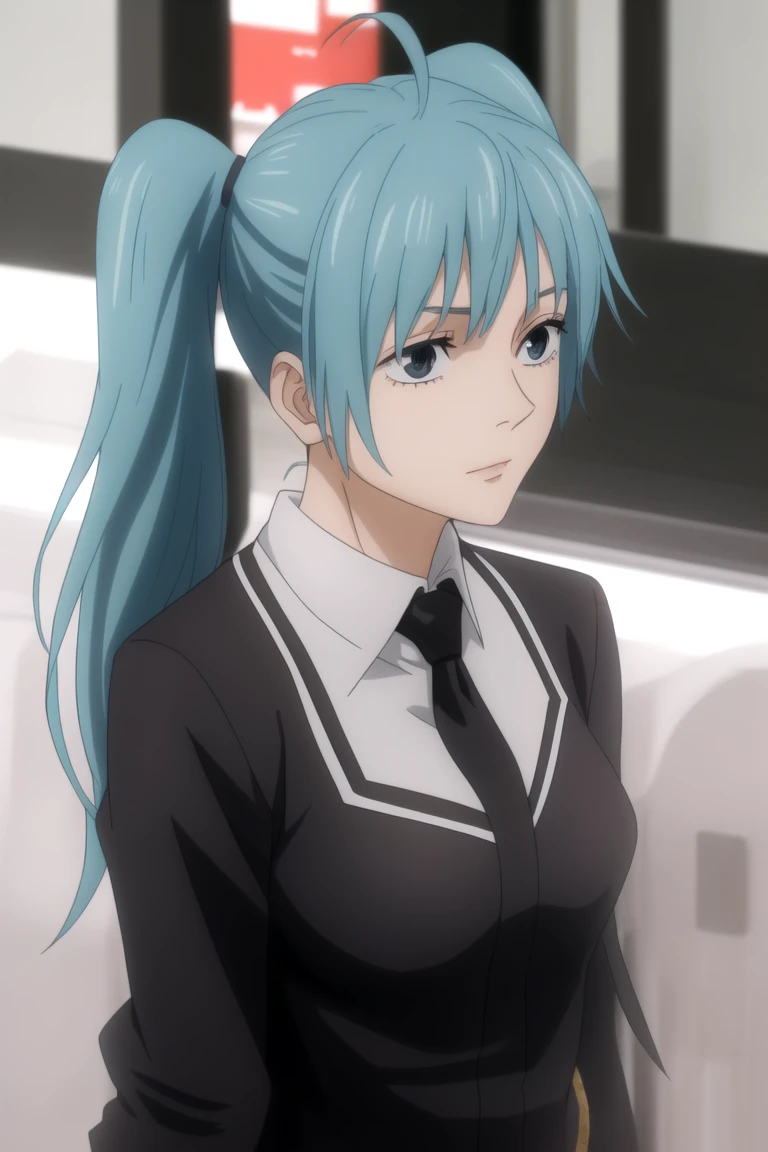 jjk, hatsunemiku,
miku hatsune, 1girl, upper body, ahoge, aqua eyes, aqua hair, crossed bangs, hair between eyes, long hair, twintails, black footwear, black skirt, black sleeves, collared shirt, necktie, outdoors, masterpiece, best quality