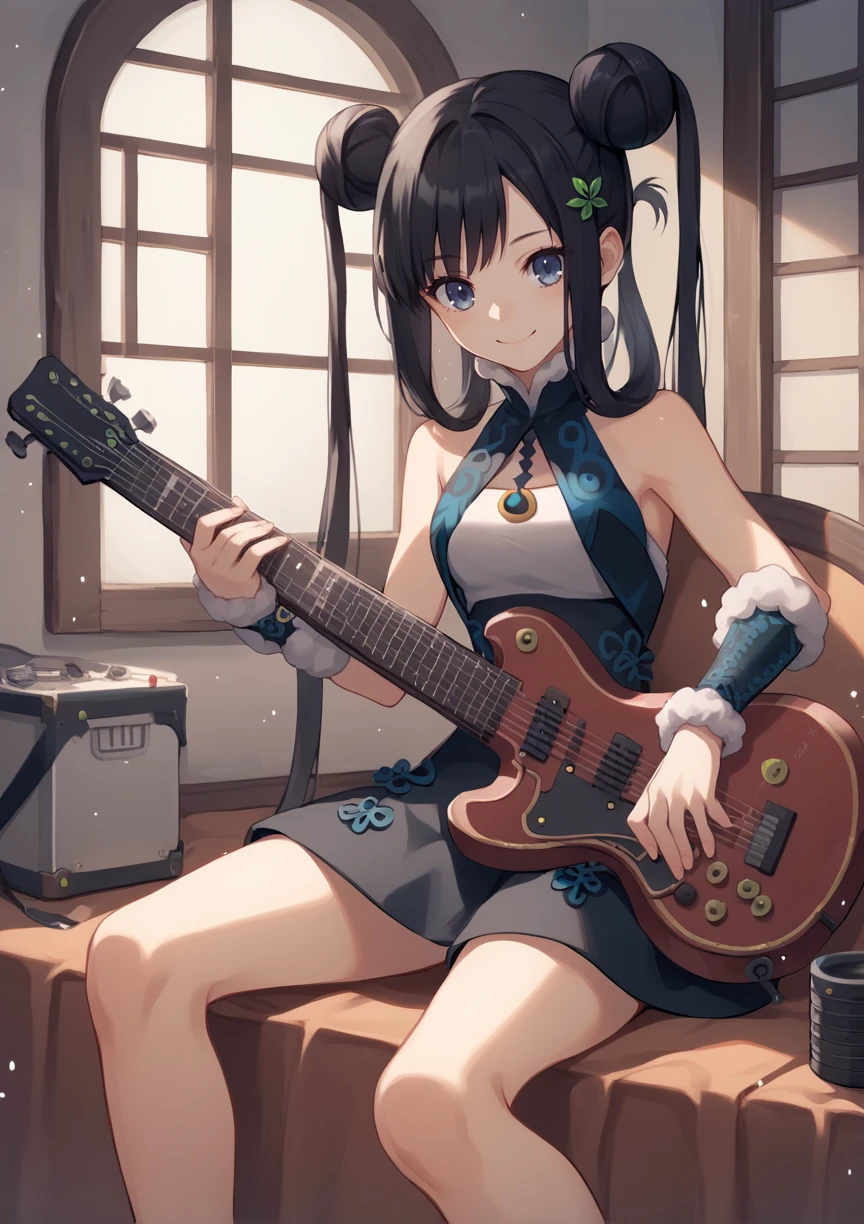 1girl, blue eyes, verly long hair, black hair, twintails, double bun, hairpin, chinese clothes, dress, skirt, sleeveless, wristband, fur trim, sitting, indoors, playing instrument, guitar, cowboy shot, smiling <lora:Yanguifei_XL:1>, score_9, score_8_up, score_7_up, score_6_up, score_5_up, score_4_up, BREAK source_anime, masterpiece