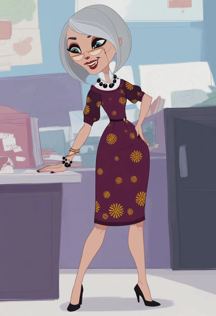 score_9_up, score_8_up, score_7_up, score_6_up, score_5_up, score_4_up, anna_twombly, solo, 1girl, glasses, makeup, jewelry, purple dress, necklace, lipstick, mole, high heels, smile, in a petshop, (realistic), (painted art)