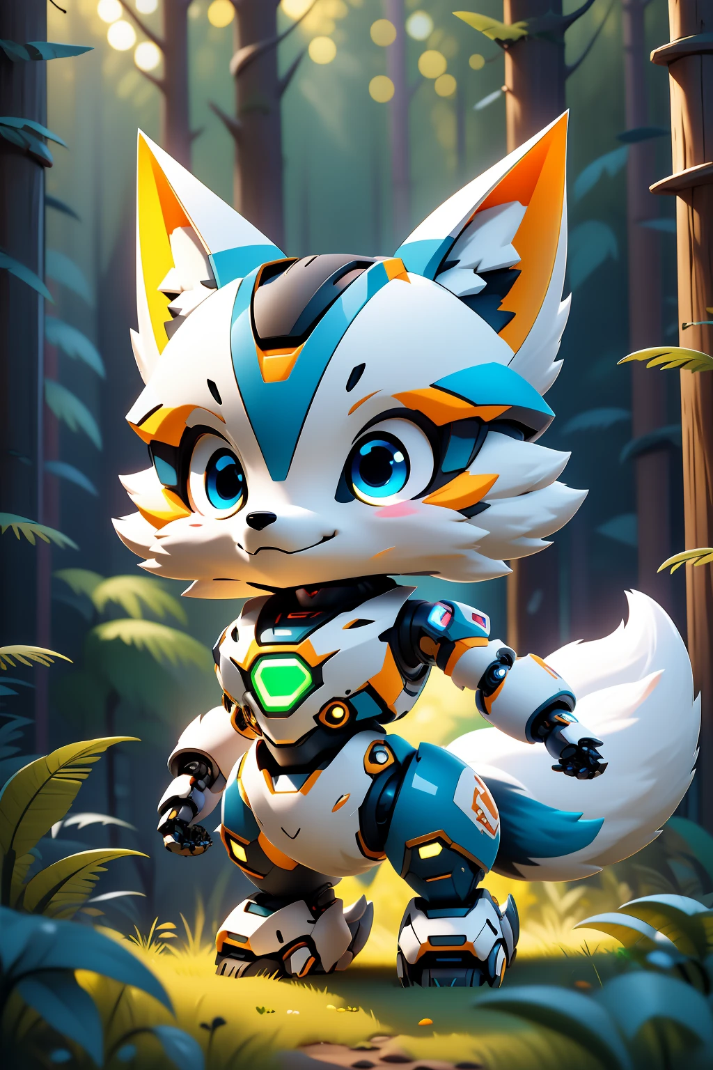 masterpiece,best quality,robotzoo, fox mecha, cute, standing, glowing, looking at viewer, solo, full body ,forest,tree,    , <lora:robotzoo_v1.4:0.85>