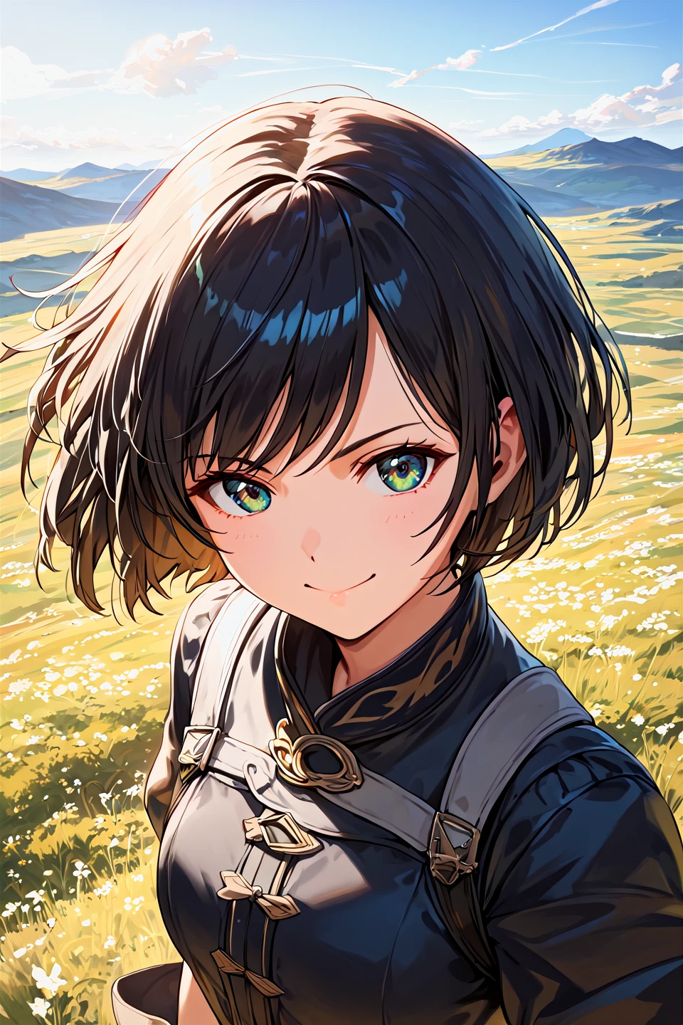 (Perfect Anatomy)、Mastepiece、Ultra High Quality、 8K、masterpiece、Highest quality、Ultra-high resolution、Maximum resolution、Very detailed、Professional Lighting、anime、Adult female、thin、so beautiful、Highly detailed eye、Highly detailed face、Golden earrings、Black Hair,、Pink eyes, military uniform, grassland,, medium hair, Straight bangs, full body, show off breasts, grabbing own breasts,