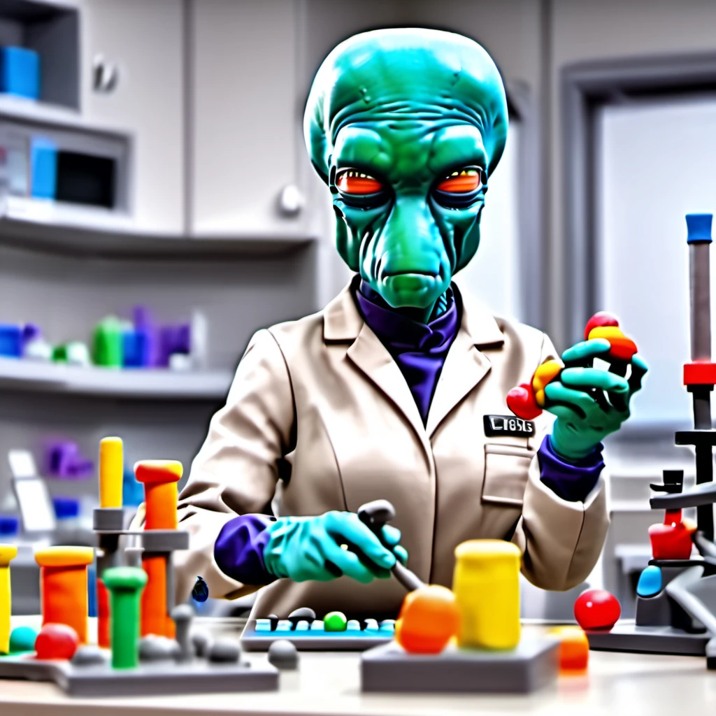 play-doh style a female duros alien working as a scientist in a laboratory <lora:duros_alpha2-000006:1> . sculpture, clay art, centered composition, Claymation