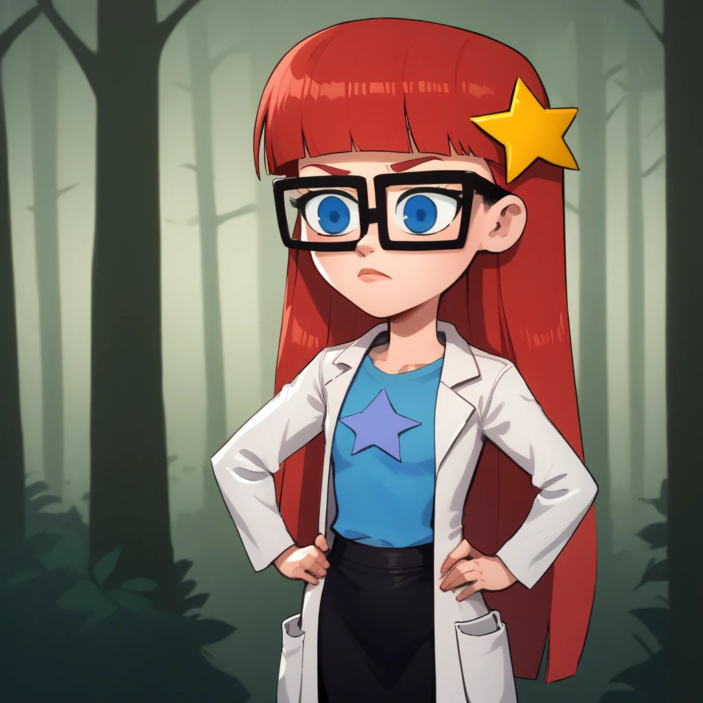 score_7_up, BREAK, source_cartoon, solo, 1girl, Susan, Red hair, long hair, blunt bangs , blue eyes,  glasses, black skirt , blue t-shirt,  star hair ornament, lab coat , long sleeves,  <lora:SusanTest_LeafXL_3-10:1>, forest, hands on own hips,