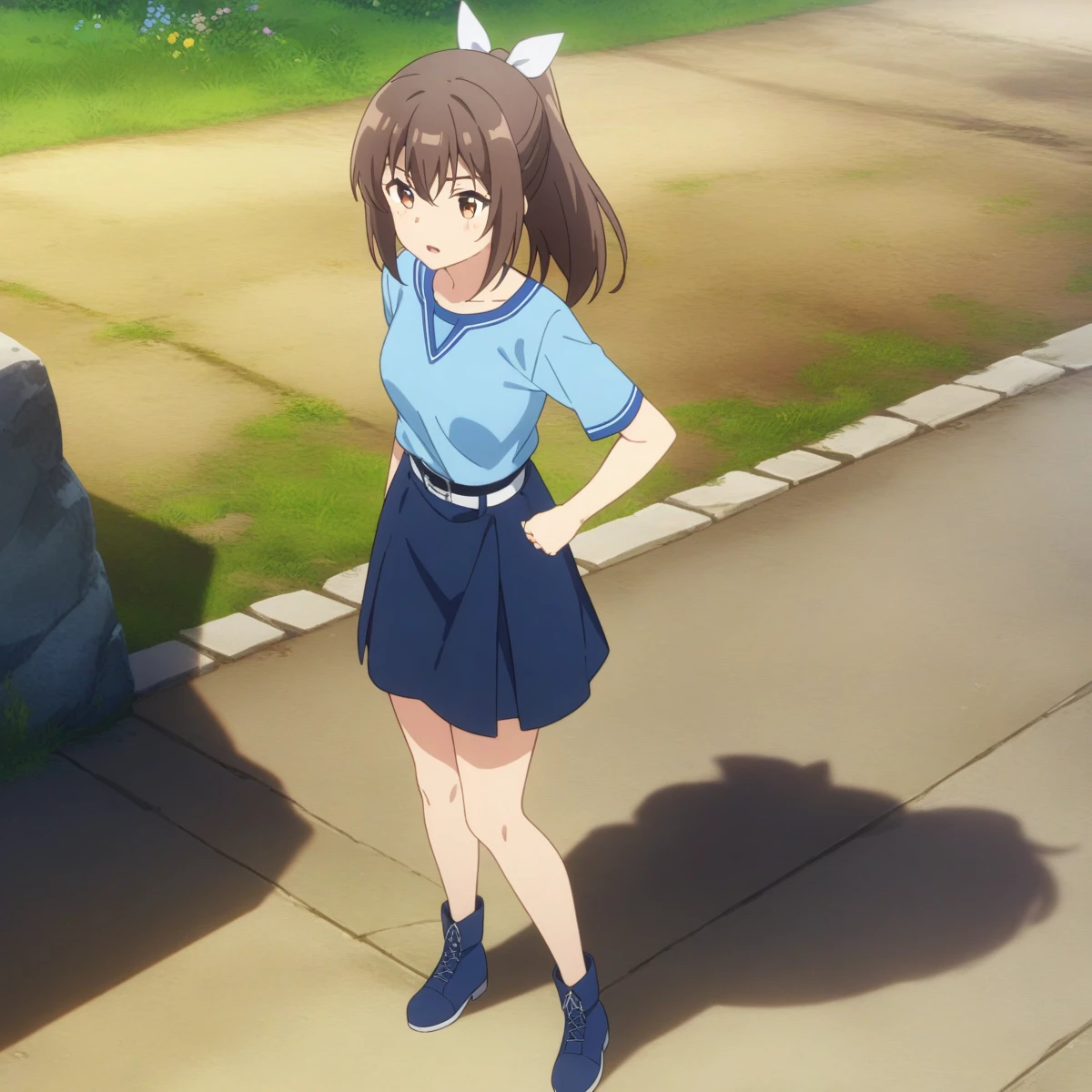 bof-beginner-outfit blue shirt blue skirt belt blue boots, bof-sally, hair ribbon, (full body), solo, 1girl, outdoors, masterpiece, best quality, very aesthetic, absurdres <lora:bof-sally-V03-000003:0.5>