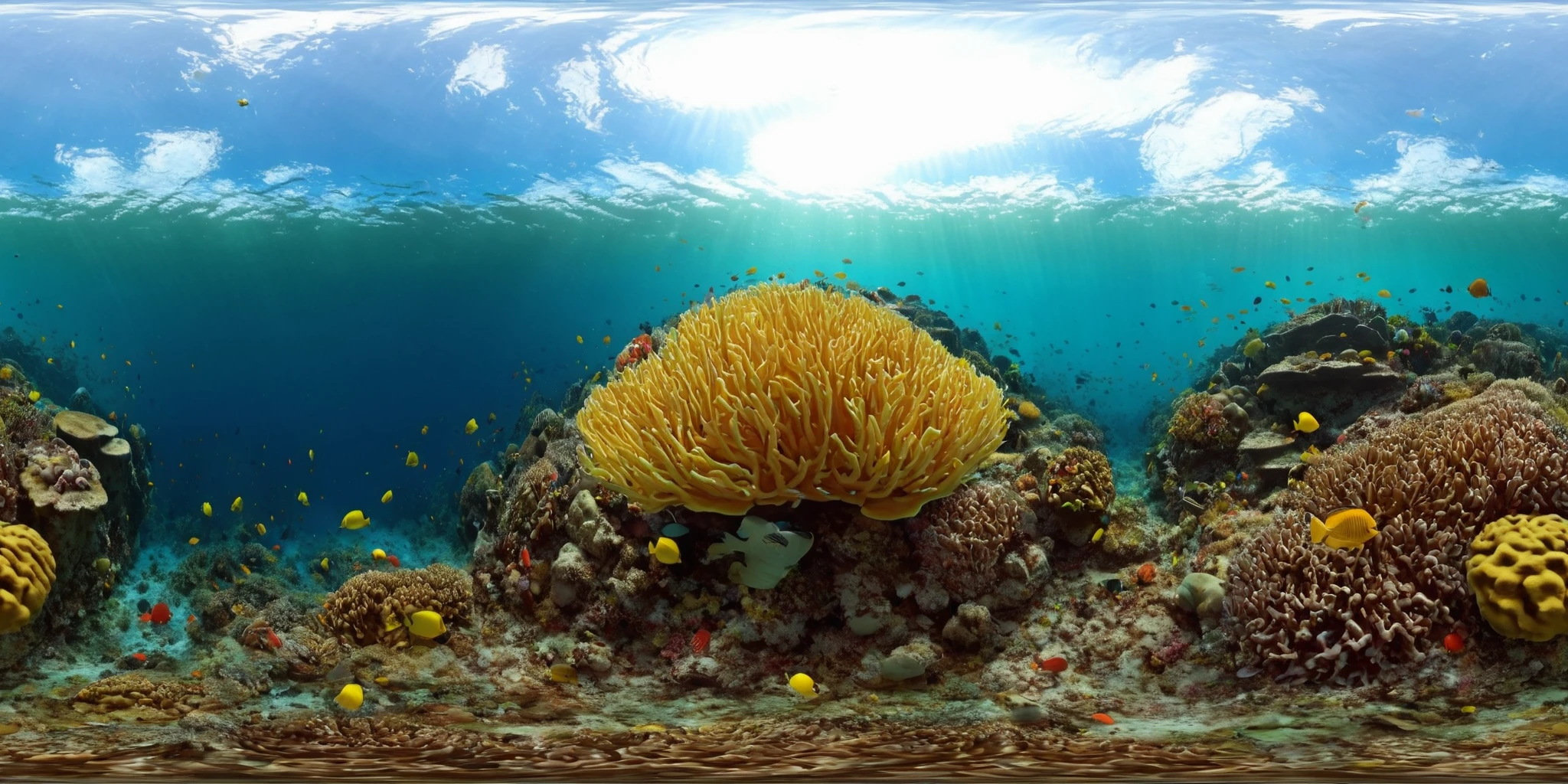 360panorama,<lora:HMSG360æµ·åºä¸çXL-000005:1>,<lora:åå½±XL:1>,Underwater world,Swimming fish,Coral reef exploration,Deep sea,Sunlight filtering through water,No specific artist,Photo-realistic,Fantasy,Digital painting,Nature scene,Vibrant marine colors,High-definition rendering,4K,High detail,