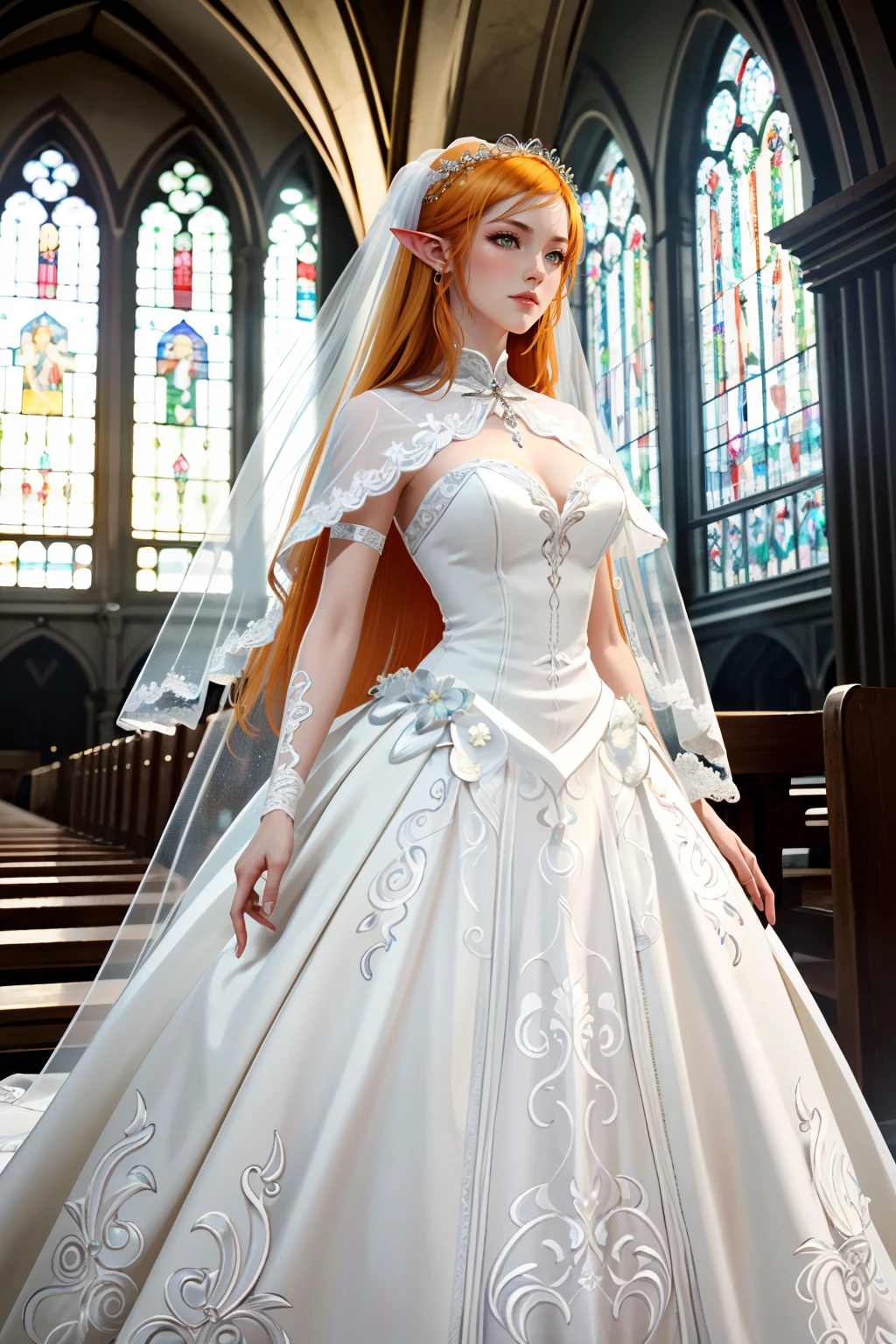 ((ultra detailed, masterpiece, absurdres))
<lora:LAMC:0.8>
LAMC, 1girl, long hair, orange hair, pointy ears, wearing a wedding dress, bridal veil, inside a church