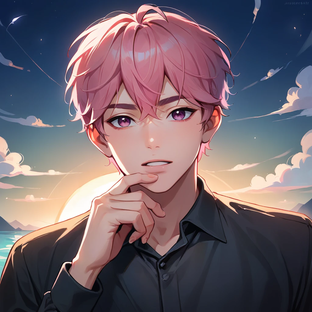 score_9, score_8_up, score_7_up, all in one, masterpiece, best quality, lots of details,Bamby, 1boy, male focus, solo, night, shirt, pink hair, black shirt, sky, looking at viewer, night sky, short hair, pink eyes, upper body, outdoors, purple eyes, collared shirt, long sleeves, hand under chin, parted lips, water, slim,embedding:zPDXL2,