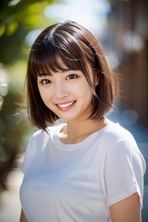 (Cinematic Aesthetic, full body:1.2), 1girl, solo, shiny skin, super detailed skin, detailed beautiful face and eyes, spotlight, professional lighting, smile, side at viewer, bangs, brown hair, hair bob, v, t-shirt, kooo123, <lora:hirosesuOO_v1:0.8>
