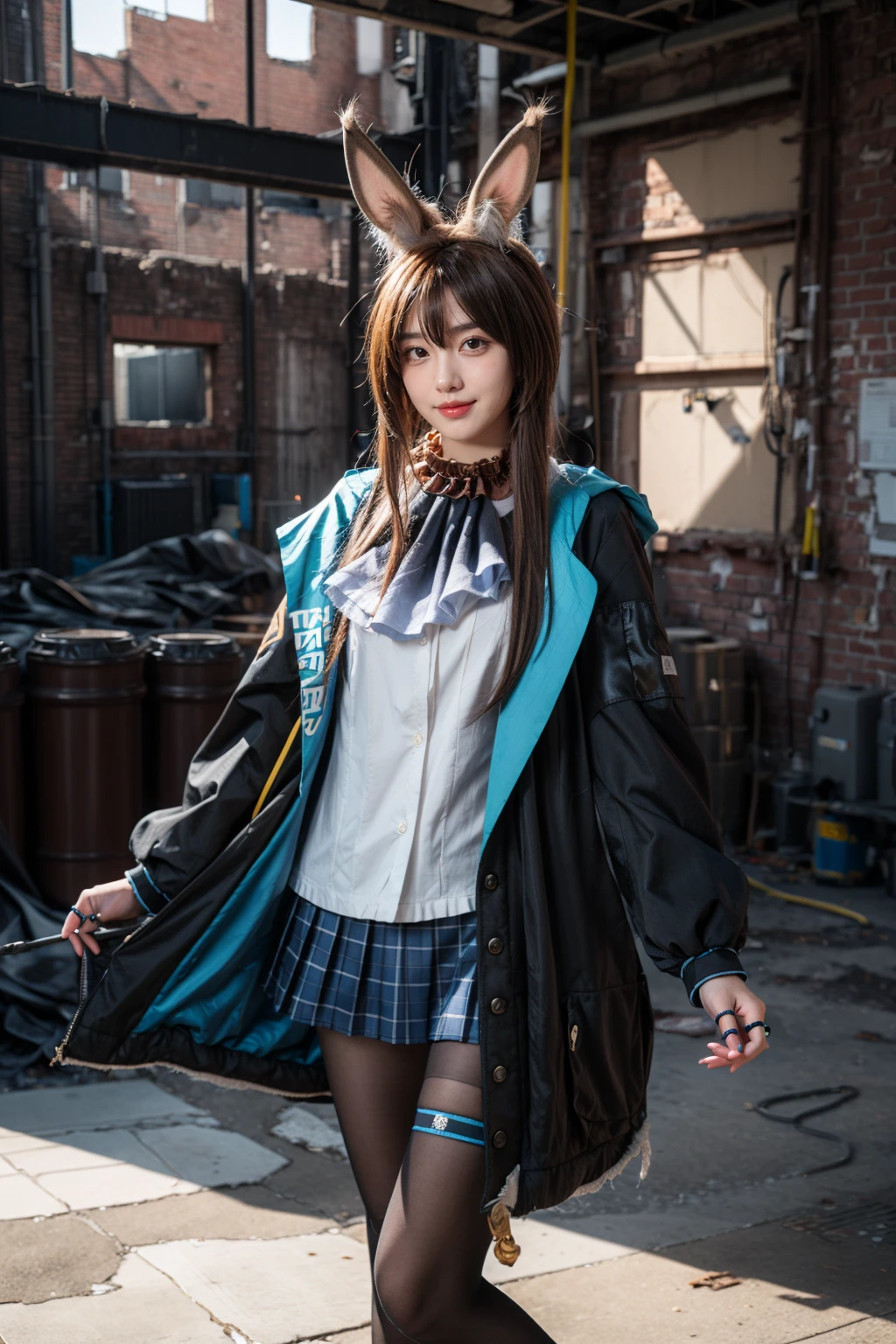 best quality,masterpiece,realistic,photorealistic,1girl,solo,looking at viewer,smile,standing,cowboy shot,amiya cosplay costume,amiya,arknights,cosplay,long hair,brown hair,hair between eyes,rabbit ears,shirt,plaid skirt,pleated skirt,hooded jacket,coat,long sleeves,clothes writing,frilled ascot,anklet,thighlet,multiple rings,pantyhose,black pantyhose,ruins,factory ruins,factory,dark,(factory interior background:1.5),<lora:Arknights_Amiya_cosplay_v1:0.7>,<lora:add_detail:0.6>,<lora:Background_Detail_v3:1.5>,