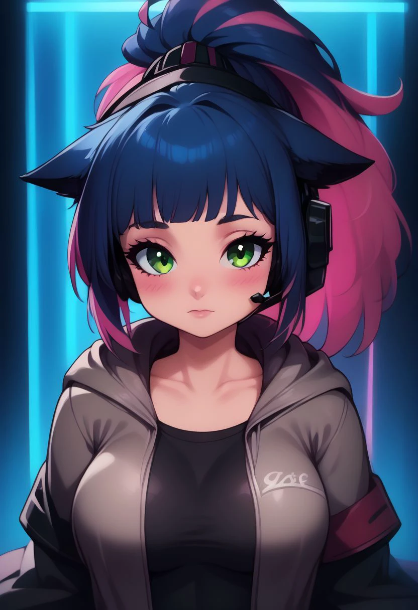 score_9, score_8_up, score_8, medium breasts, (curvy),((1girl)), cute, eyelashes,       neon lights,  looking at viewer, 
patJessica, cat ears, ponytail, green eyes, multicolored hair, cat girl, blue hair, black hair, cat tail, long hair,   
upper body, looking at viewer, open jacket, black shirt, long sleeves, black gloves, headset, grey jacket, blush, hood, collarbone, closed mouth, pink hair,
zPDXL,