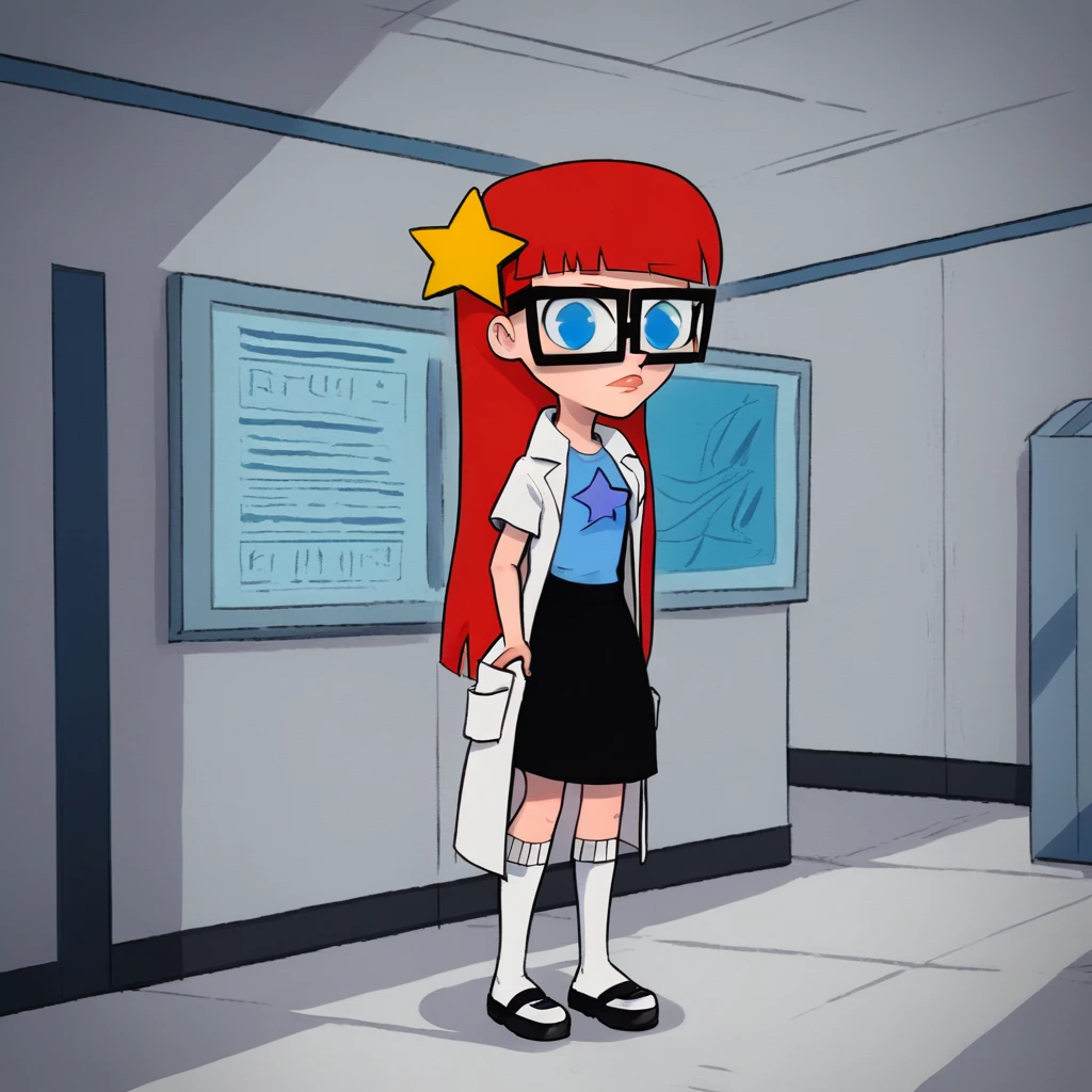 source_cartoon, solo, 1girl, Susan, Red hair, long hair, blunt bangs , blue eyes, glasses, black skirt , blue t-shirt, star hair ornament, lab coat, Mary janes, white socks, <lora:SusanTest_LeafXL_3-10:1>, laboratory,