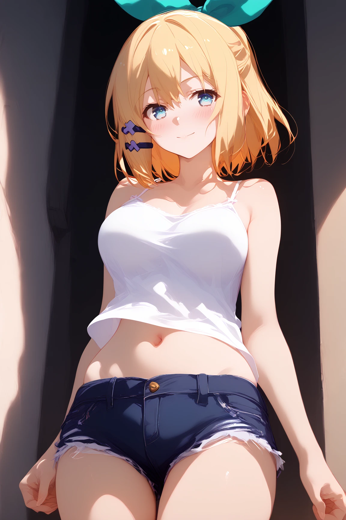 <lora:kuro_gal_shion-15:1> shion chihara, 1girl, solo, blonde hair, dark skin, green eyes, short hair, hair between eyes, dark-skinned female, from behind, oversized clothes, shorts, looking back, looking at viewer, embarrassed, ass, undressing,