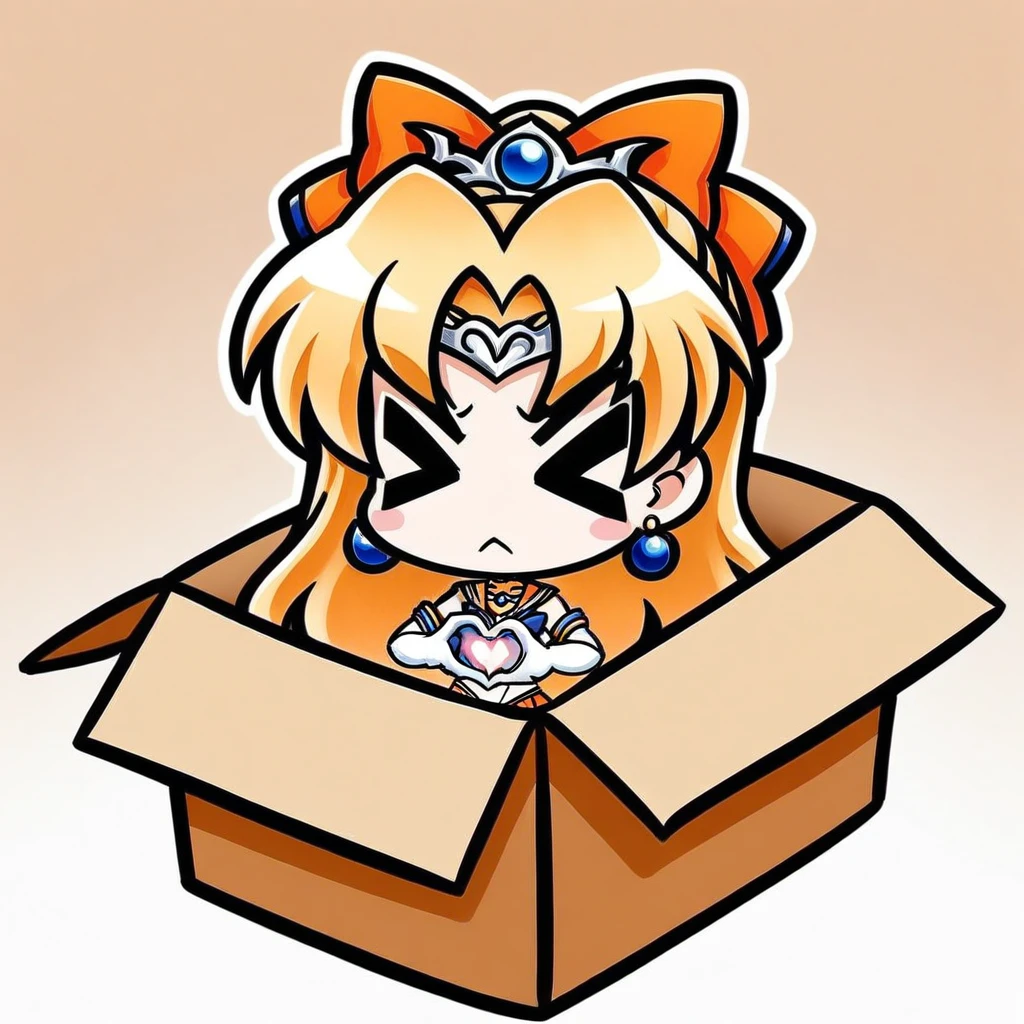 chibi, in-box, > <,(masterpiece),(best quality),1girl,sailor venus,masterpiece,best quality,very aesthetic,absurdres,aavenus,long hair,blonde hair,hair bow,tiara,blue eyes,earrings,orange choker,collarbone,orange sailor collar,blue bowtie,white shirt,white leotard,elbow gloves,white gloves,pleated skirt,orange skirt,heart hands,traditional media,