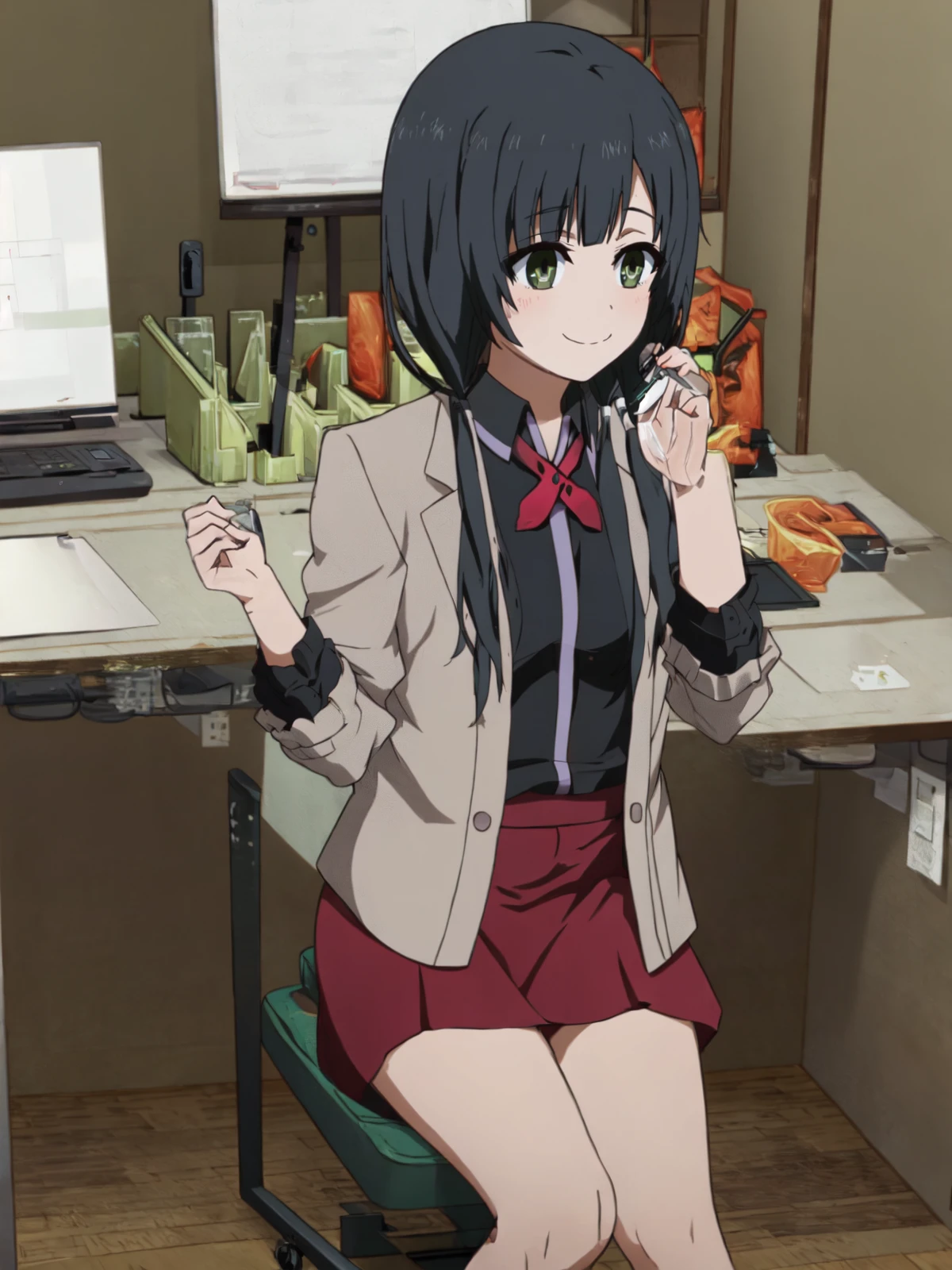 SLE, mksks style, detailed background SLE, mksks style, detailed background absurdres, highres, cowboy shot, solo, 1girl, <lora:Ema Yasuhara (SHIROBAKO):1>, ema yasuhara, anime 3, red skirt, sitting, looking away, smile, blush, office, office chair, office desk, indoors