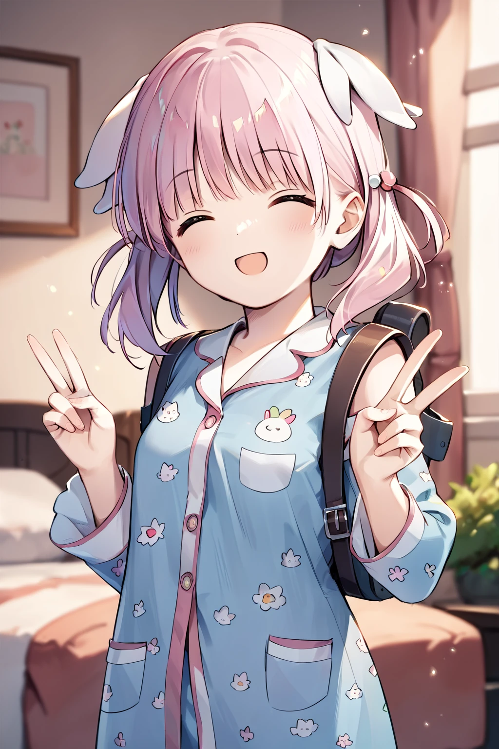 score_9, score_8_up, score_7_up, score_6_up, rating_safe, source_anime, best quality, masterpiece, detailed background, cowboy shot, bedroom, blue pajamas, closed eyes, open mouth, smile, v sign, <lora:haizakura-xl-07:1>, haizakura, small breasts,