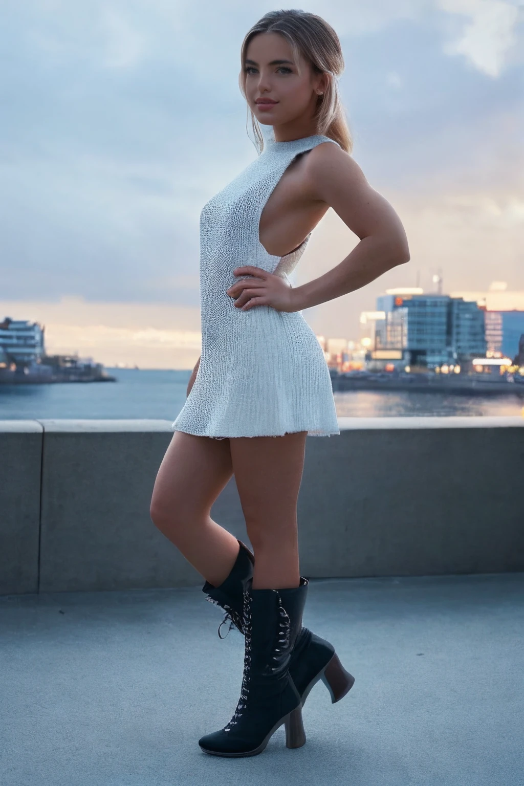 <lora:SC-Emma_Kotos:1>, photo of esk0t0s, full body, from side, a woman posing in a movie premiere gala, wearing a fancy dress, hand on hip, kneehigh boots, model shoot style, (Sony a9 II Mirrorless Camera), 24mm, extremely intricate, High Detail, Sharp focus, dramatic, soft cinematic light, cute smile, 4k textures, elegant, soothing tones, epiCRealism, epiCPhoto
