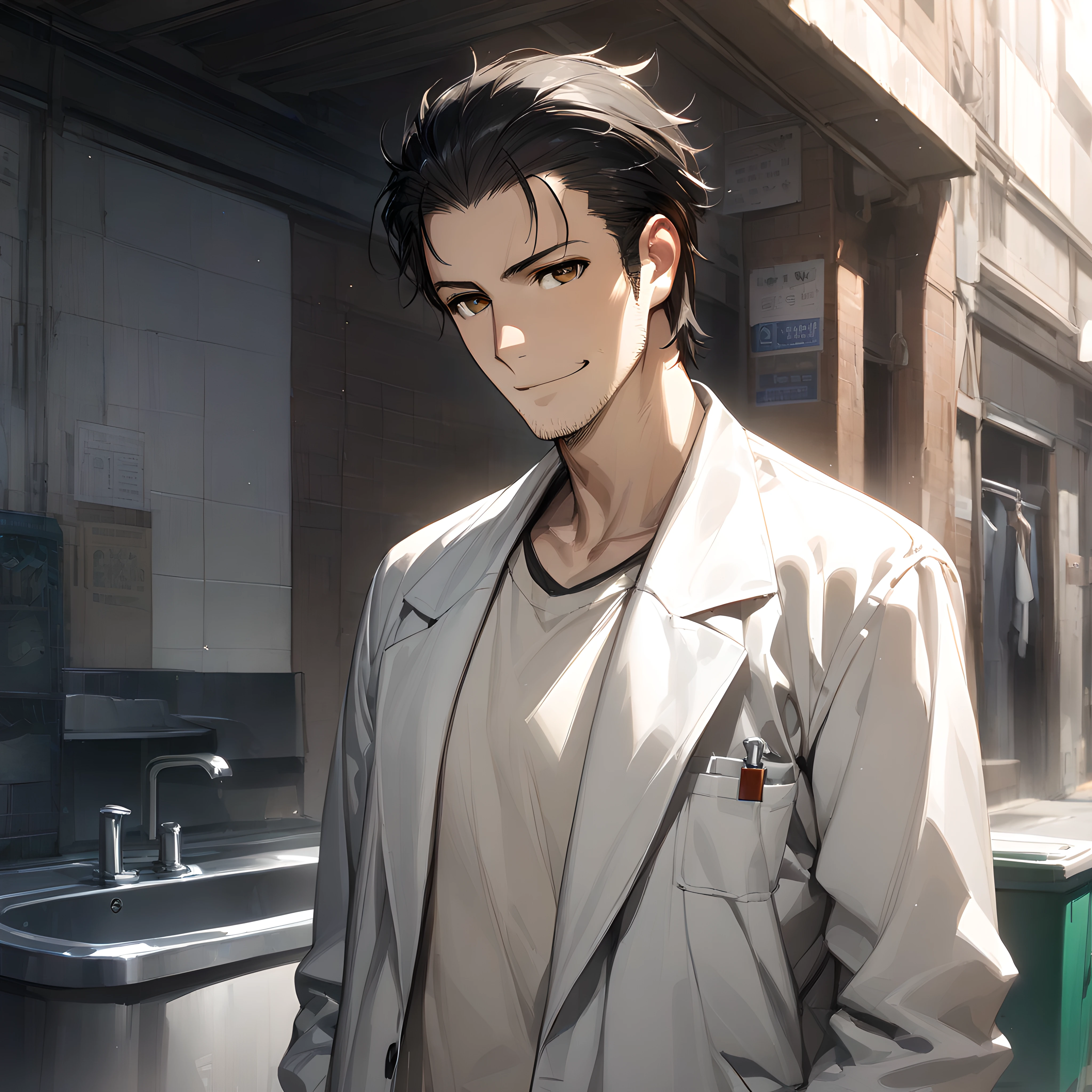 (masterpiece),(best quality),(ultra-detailed),(best illustration),(best shadow),(absurdres),(detailed background),(very aesthetic), okabe rintarou, brown eyes, stubble, black hair, facial hair, labcoat, smile, upper body, 1boy, male focus, solo, alleyway background, washing center, <lora:Okabe_Rintarou:1>