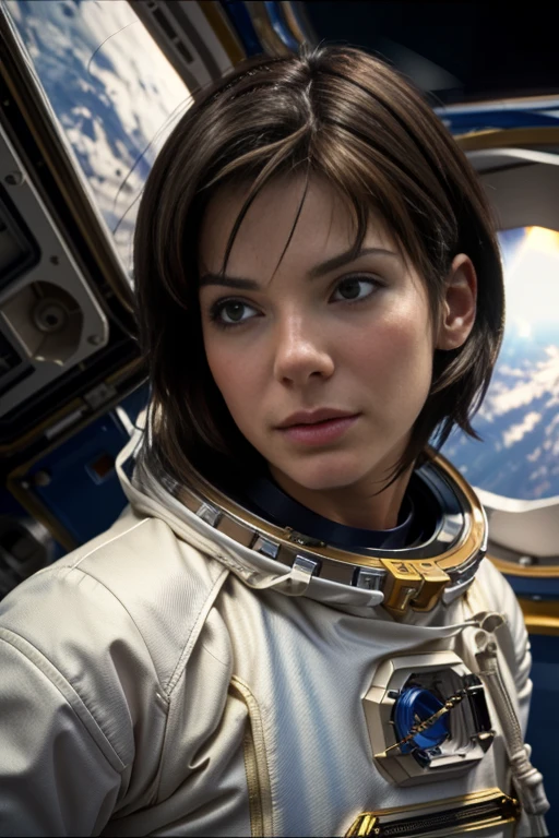 54ndr4bu110ck in an astronaut suit, (floating on space:1.2), short brown hair, brown eyes, <lora:Sandra_Bullock_PMv1b_Lora:1.3>,, RAW candid cinema, 16mm, color graded portra 400 film, remarkable color, ultra realistic, textured skin, remarkable detailed pupils, realistic dull skin noise, visible skin detail, skin fuzz, dry skin, shot with cinematic camera, detailed skin texture, (blush:0.5), (goosebumps:0.5), subsurface scattering, ((Cinematic))