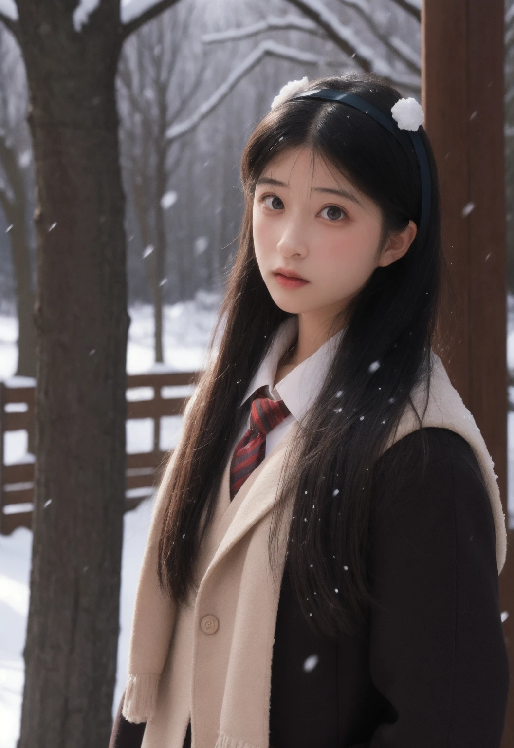 1girl, high quality, masterpiece, cowboy shot, pantyhose, school uniform, looking at viewer, standing,  thin, hairband scarf, (blush),(lip biting), outdoors, snowing, hairband, 
<lora:ip-adapter-faceid-plusv2_sd15_lora:0.63>    <lora:chunriwan_v1:0.5>