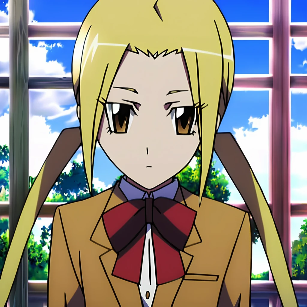 texture Hagimura_Suzu, 1girl, solo, long hair, looking at viewer, skirt, blonde hair, bow, twintails, brown eyes,petite, school uniform, jacket, yellow eyes, pantyhose, plaid, black pantyhose, plaid skirt, blazer, outside, sky ,high quality,masterpiece,animestyle, highress top down close-up, Tranquil Relaxing Atmosphere, Hagimura_Suzu, 1girl, solo, long hair, looking at viewer, skirt, blonde hair, bow, twintails, brown eyes,petite, school uniform, jacket, yellow eyes, pantyhose, plaid, black pantyhose, plaid skirt, blazer, outside, sky ,high quality,masterpiece,animestyle, highress, calming style, soothing colors, peaceful, idealic, Tranquil Relaxing Atmosphere