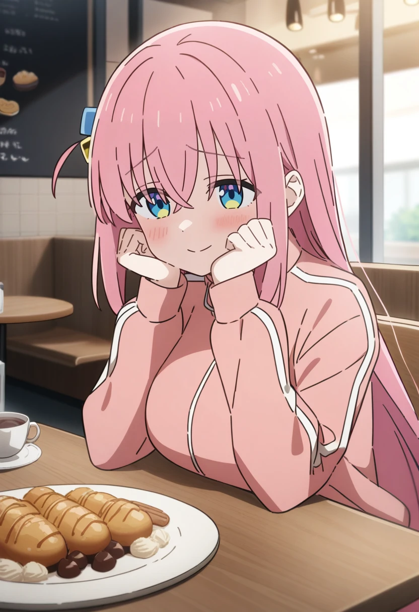 1girl, solo, gotoh hitori, bocchi the rock!, anime coloring,
long hair, pink hair, blue eyes, large breasts, track jacket, seductive smile, hands on own cheeks,
cafe, food, table,
masterpiece, best quality, very aesthetic, absurdres,