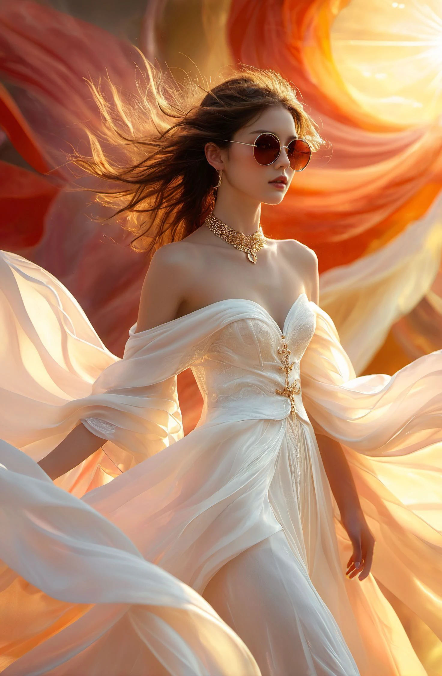 (8k, RAW photo, highly detailed,masterpiece, highest quality),rich colors,high contrast,film still,full shot body photo of the most beautiful artwork in the world,cinematic light,fantasy,highres,(detailed face),
XUER Silk Road glowing dress,<lora:绪儿XL 丝路流光裙 XUER Silk Road glowing dress:0.8>,bare shoulders,strapless dress,(glowing Transparent dress:1.4),(Detailed clothes description),jewelry,bracelet,glowing,necklace,(reflection:1.3),(Milky skin:1.2),(shiny skin:1.4),glowing,(very long hair:1.3),
This is an illustration of a figure set against a dramatic red backdrop that suggests the form of a circular shape,possibly evoking an image of the sun or a similarly sized celestial body. The subject is draped in flowing white garments with pronounced folds and creases,conveying a sense of movement and elegance. The attire appears to be inspired by a blend of modern high fashion—notably the wide-brimmed white coat and tailored trousers—interspersed with elements of traditional or classical design,such as the ornate lace inner garment visible at the neckline.,
The individual sports long,dark hair that cascades dynamically around the figure,further emphasizing the sensation of motion. Accessories like the bracelets on the wrists and the large hoop earrings add a touch of sophistication and flair to the ensemble. A pair of sunglasses with a striking red tint rests on the face,harmonizing with the background while imparting an air of mystery and confidence.,
The overall composition of the image,with its bold color contrasts,fluid lines,and stylized representation of movement,gives it a vibrant and dynamic quality. It could be interpreted as a fusion of contemporary style with classic aesthetics,presented in a way that is both visually arresting and conceptually intriguing.,