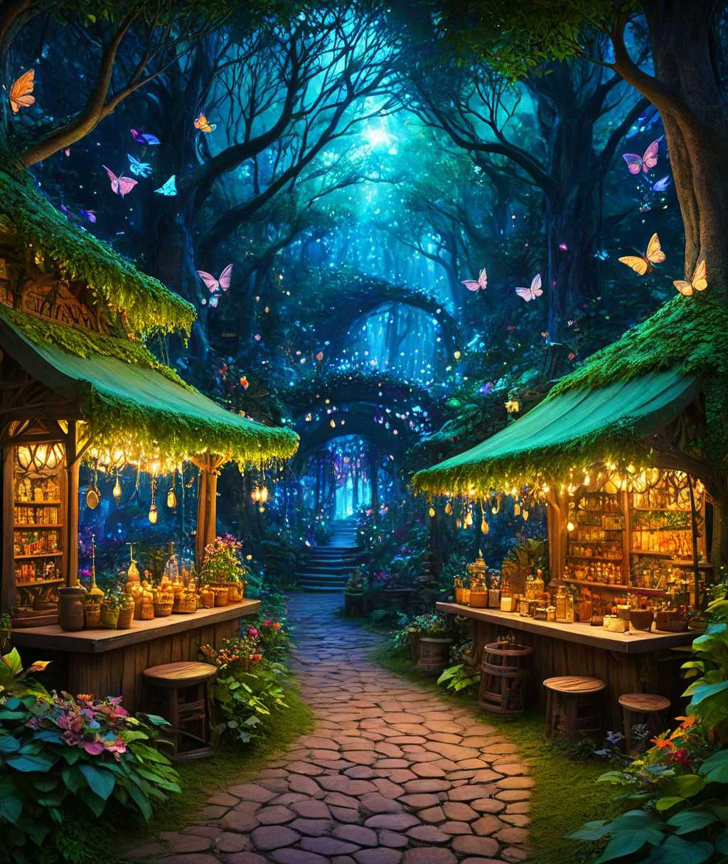 An image of a fairy market, as imagined from our conversation. This market is a whimsical and enchanting place, filled with vibrant colors and magical energy. The stalls are crafted from natural materials like leaves, flowers, and vines, blending seamlessly into the surrounding enchanted forest. The vendors are fairies, each with their unique appearance, selling a variety of magical items, from glowing potions and enchanted jewelry to mystical artifacts and rare ingredients. The air is filled with the soft glow of fairy lights, the tinkling of delicate music, and the flutter of fairy wings. The atmosphere is joyful and lively, with fairies and other mystical creatures mingling and trading in good spirits. The background is a lush, magical forest, with towering trees and a canopy that filters the sunlight into a kaleidoscope of colors, creating a dreamlike and otherworldly ambiance.