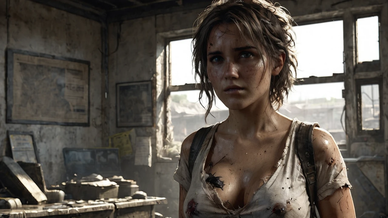 an illustrated award-winning upper body portrait of a young female, Human, Survivor, Alive, dirty and gritty, post-apocalyptic, ultra realistic Environmental, nsfw, medium breasts, toned body, ripped shirt, white shirt, messy hair, perfect face, ray tracing, realistic, depth of field, subsurface scattering, cleavage, highly detailed, harsh lighting, cinematic lighting, detailed skin, detailed eyes, Brown detailed hair, masterpiece, best quality, ultra-detailed, high res, realistic lighting, 