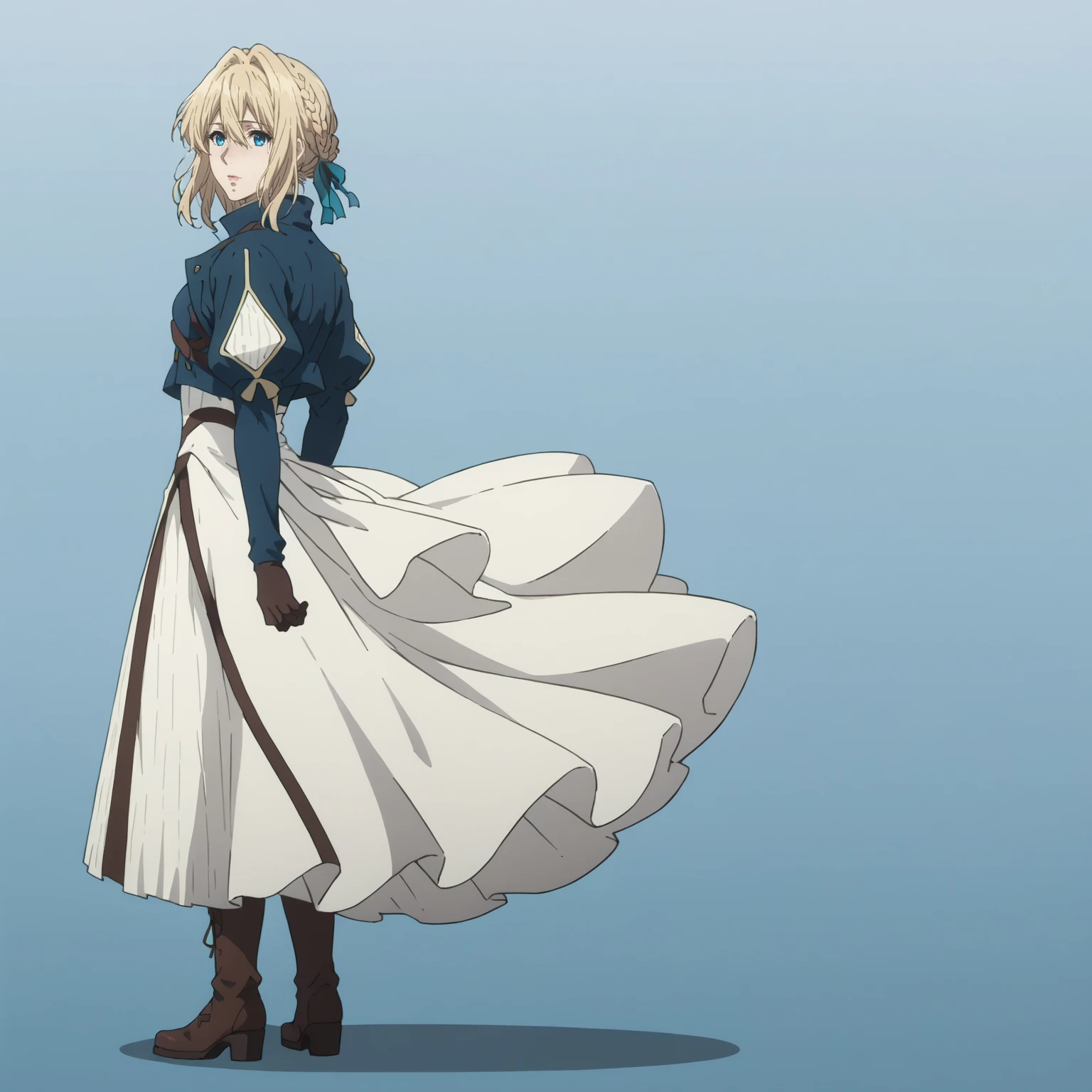 <lora:VioletEvergardenXLpony001>,
solo,
VioletEvergarden,1girl,blonde hair,french braid,blue eyes,
blue jacket,long dress,
white skirt,
gloves,
boots,
full body,standing,looking back,