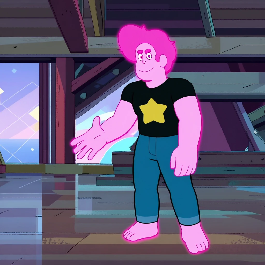 1boy, Steven, solo, male focus, looking at viewer, smile, black shirt, star symbol, pink skin, pink hair, bara, official style, official art, indoors, full body, 4k,