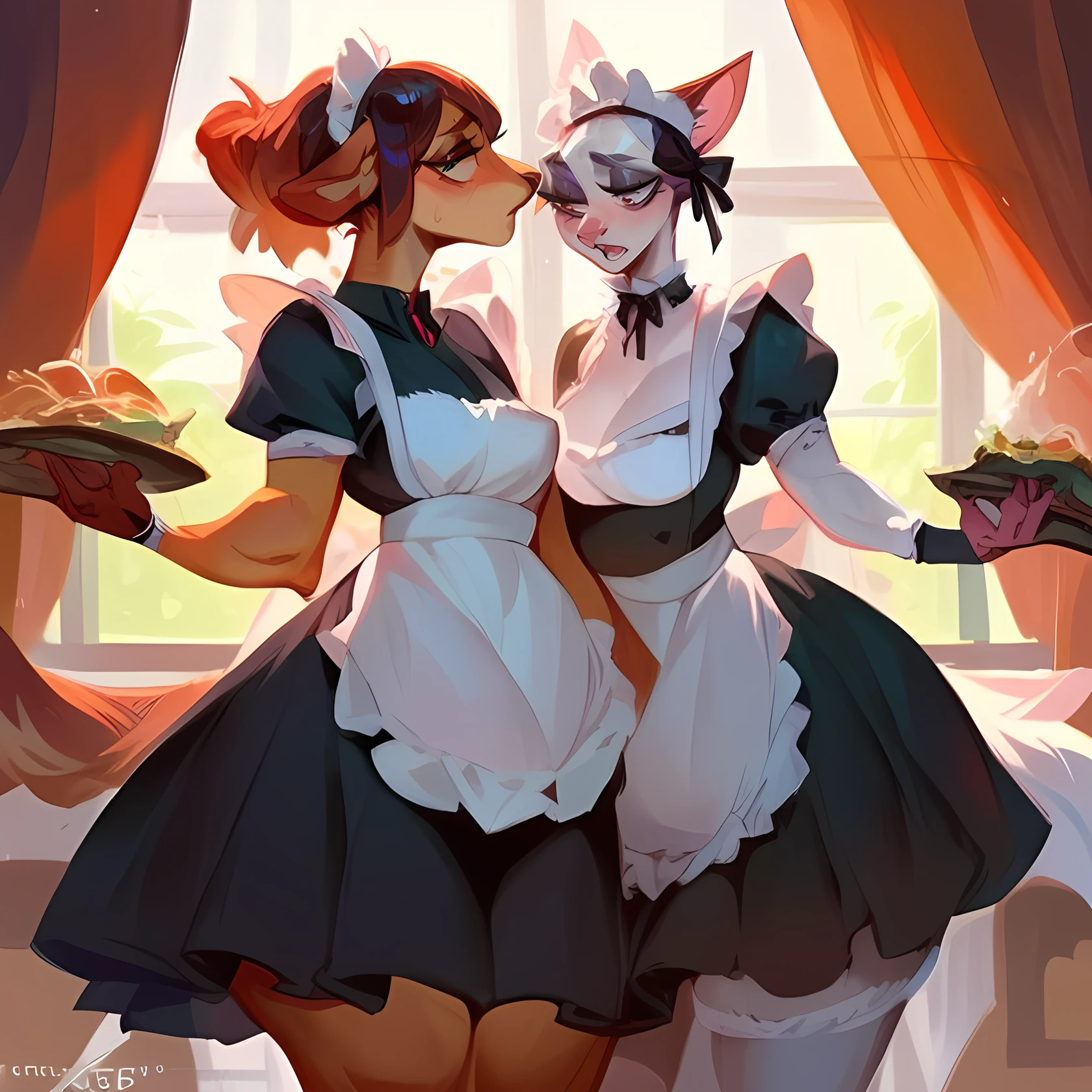 by zackary911, (coffeesoda:1.1), hioshiru, zackary911, puro, anthro, futanari, duo, fur, 2022, lidded eyes, maid outfit, cat maid, large breasts, black skin, black gloves, thigh high socks, collar, tail bow, large purple knot, gigantic balls, huge genitals, watery genitals, hugepurplecock, largedick, presenting, whitecum spewing from hugepurplecock, shoving hugepurplecock in others face, puroblowjob,