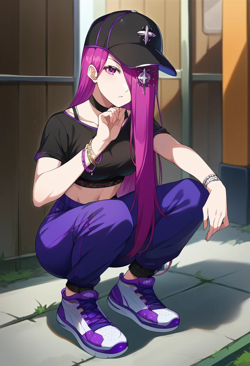 score_9, score_6_up, source_anime,  <lora:SekhmetR0Dora-XL-V1:1>,  SekhmetR0, 1girl, hat, sneakers, shoes, baseball cap, pants, bracelet, jewelry, purple hair, looking at viewer, breasts, hair over one eye, choker, crop top, purple eyes, midriff, squatting