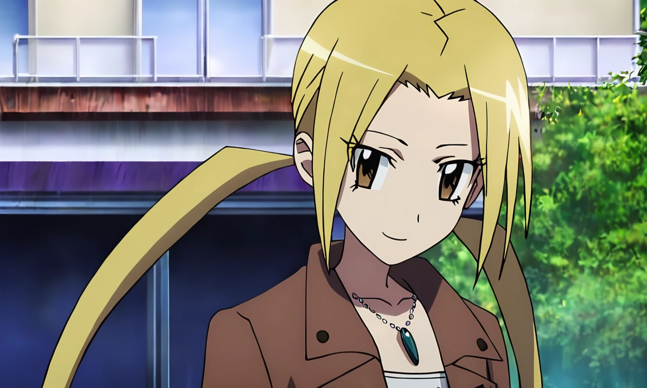 anime artwork illustrating Hagimura_Suzu, 1girl, solo, long hair, looking at viewer, smile, blonde hair, twintails, brown eyes, jewelry, collarbone, jacket, yellow eyes, upper body, necklace, high quality,masterpiece,animestyle, highress,female focus. created by japanese anime studio. highly emotional. best quality, high resolution