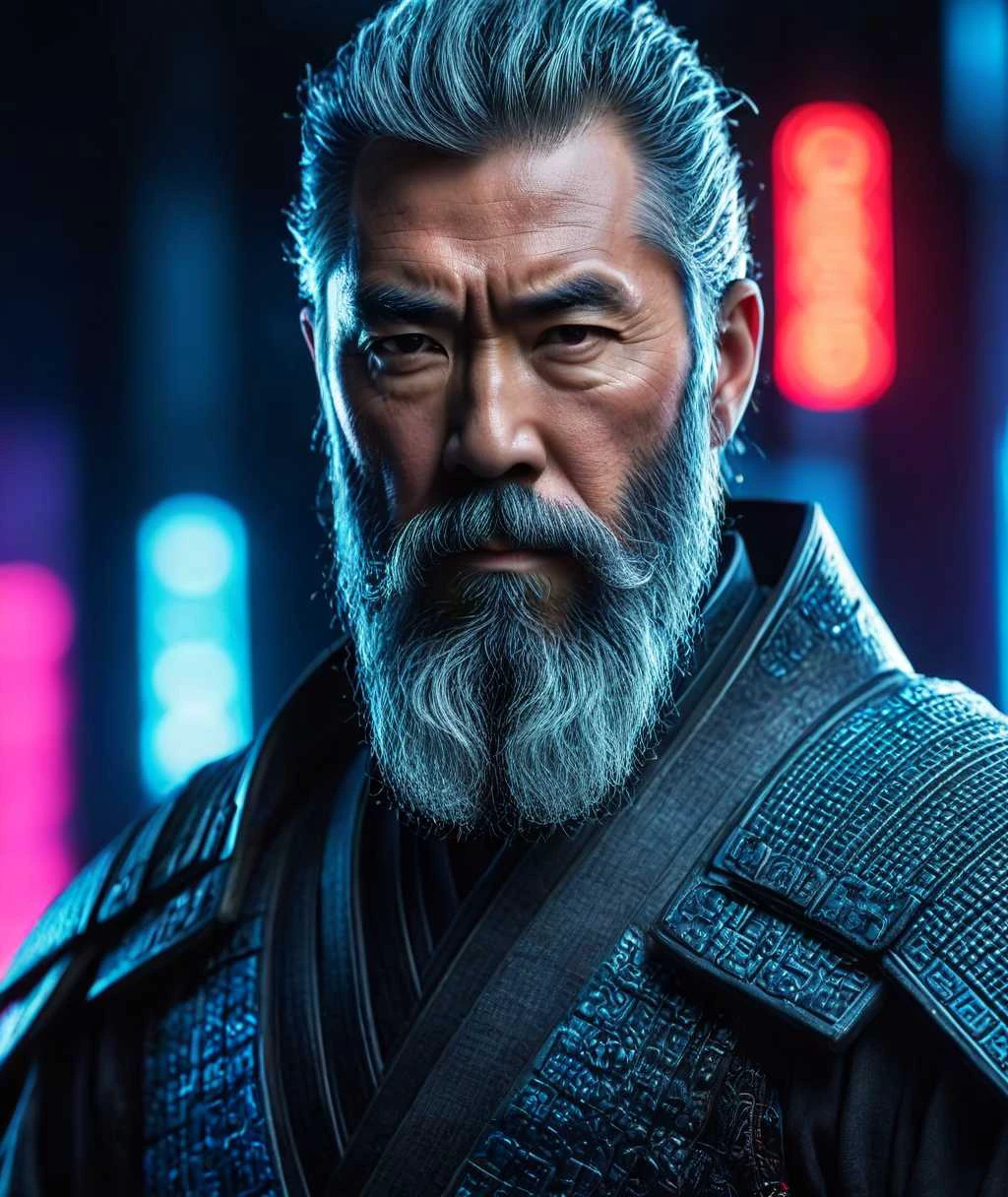 old samurai in the future, long gray detailed beard, samurai suit, neon light, cinematic, detailed skin, dynamic photo, bokeh, (closeup:1.2)