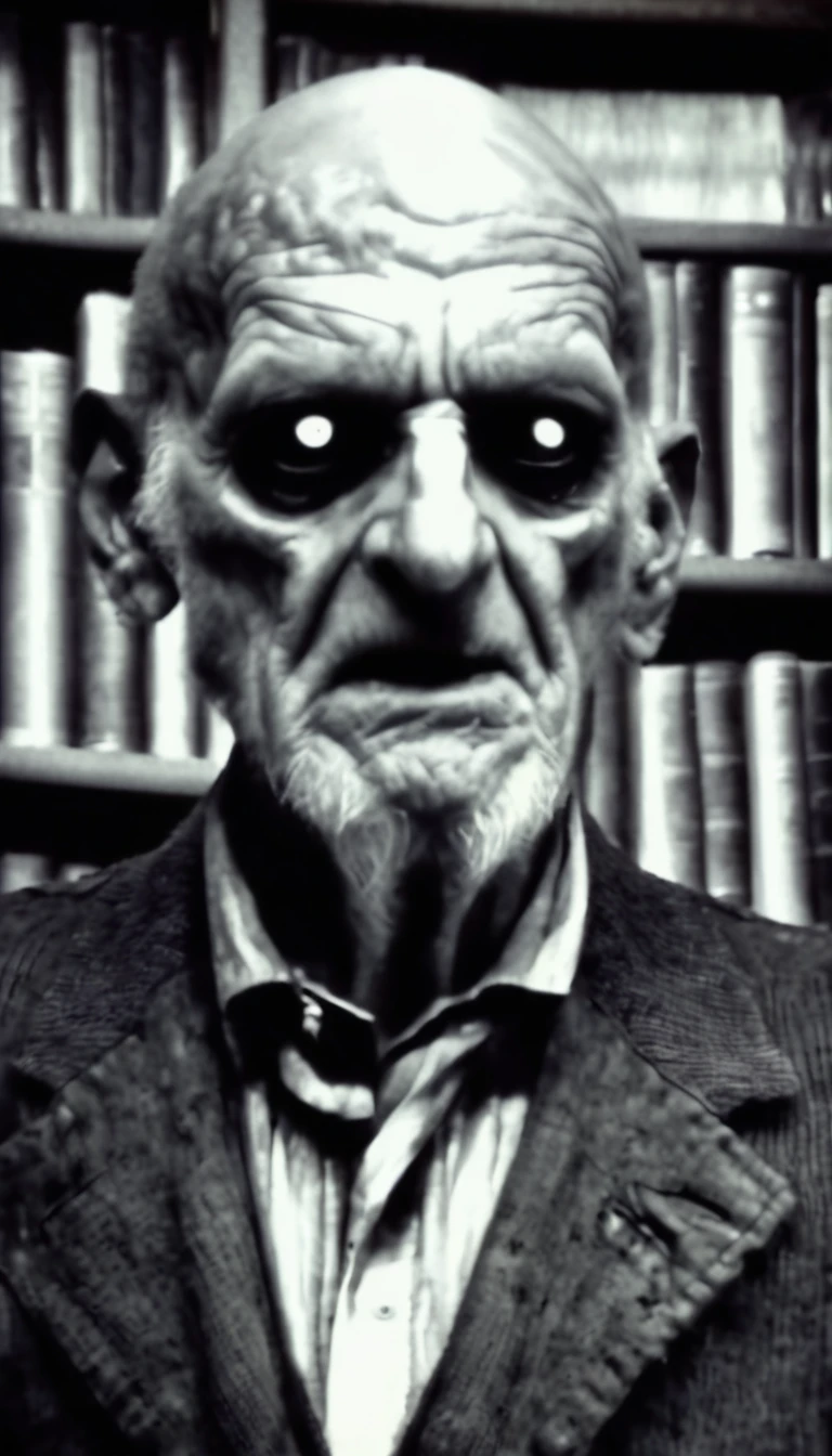 monochrome, horror,
An old bald man in the library