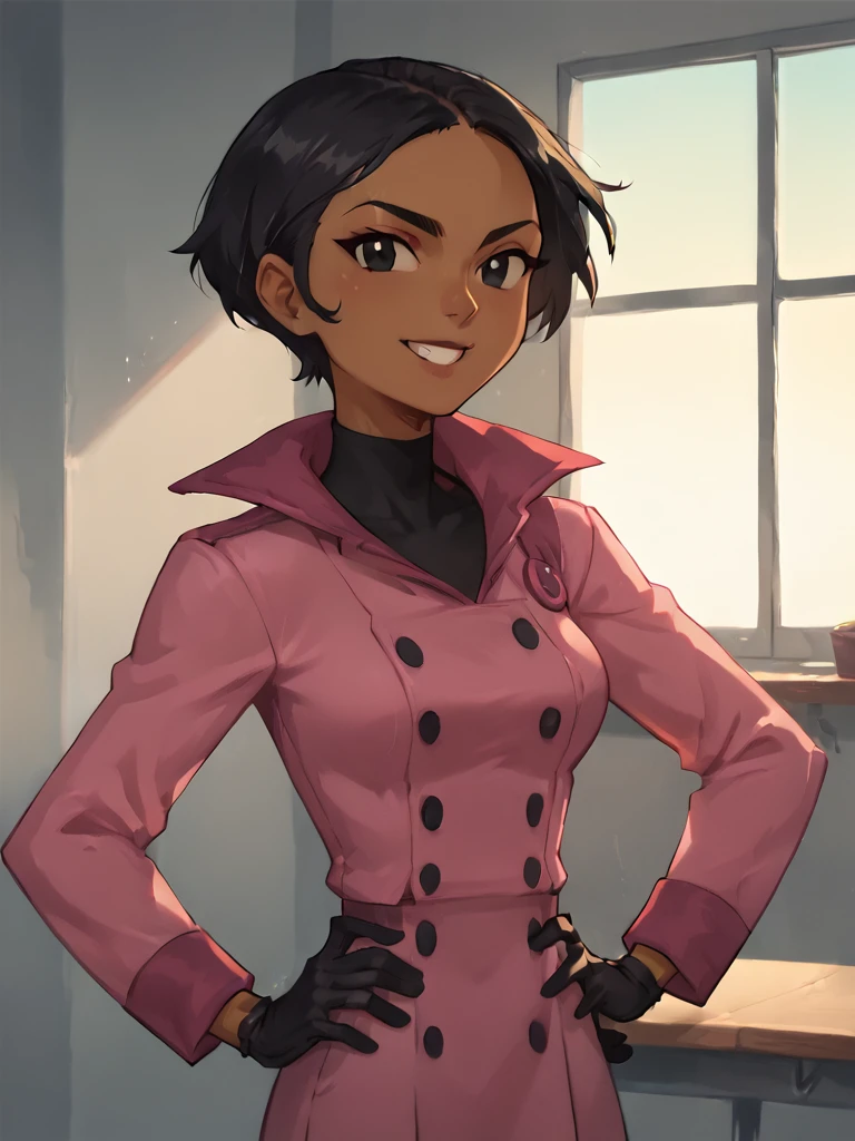 <lora:BritPony1.3:0.75> brit, solo, 1girl, black hair, short hair, dark-skinned female, black eyes, pink jacket,black,black gloves, buttons,upper body,standing, hand on own hip, breasts, score_9, score_8_up, score_7_up, score_6_up, score_5_up, score_4_up, smile, indoors, looking at viewer, <lora:Smooth Anime Style LoRA XL:1>