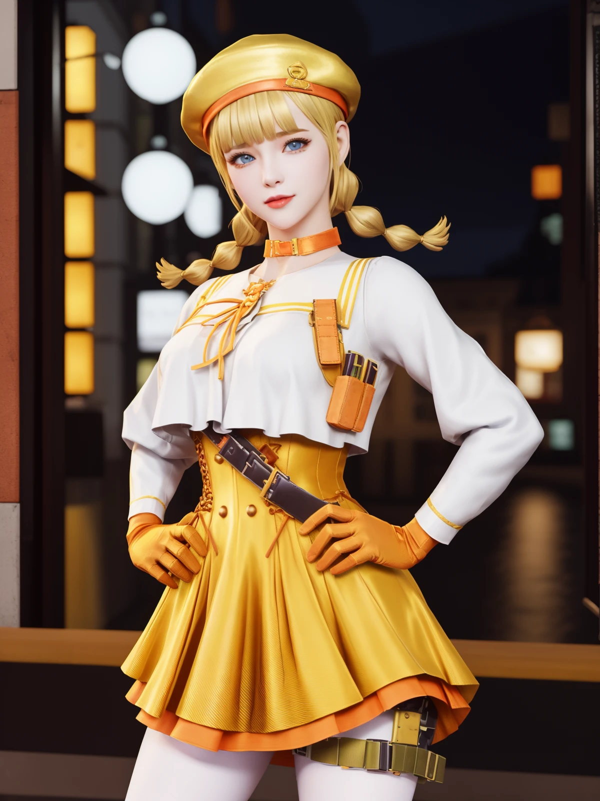 CFwangzheqingyaQF, 1girl, solo, gloves, blonde hair, hat, twin braids, holster, white pantyhose, blue eyes, looking at viewer,thigh holster, choker, bangs, high heels, long sleeves, high-waist skirt, lips, blunt bangs,shirt, <lora:CFwangzheqingyaQF:0.75>,cityscape, night,