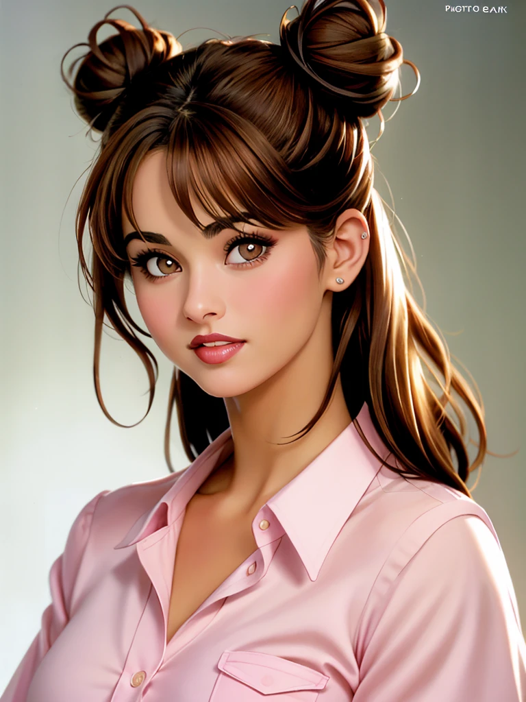 Realistic photo of a beautiful k4r3nmd woman,1girl, solo, looking at viewer, brown hair, shirt, parted lips, teeth, dark skin, hair bun, dark-skinned female, lips, makeup, lipstick, portrait, realistic, professional Photography, Photorealistic, detailed, RAW, analog, sharp focus, high quality, film grain, masterpiece<lora:k4r3nmd:1.0>