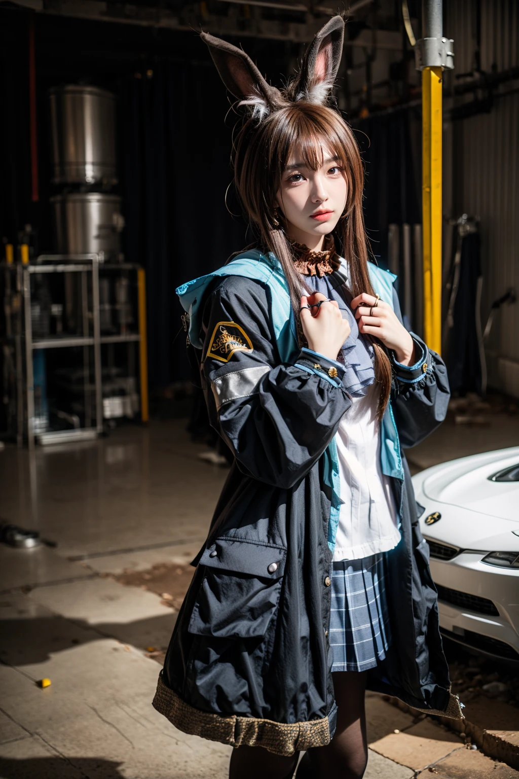 best quality,masterpiece,realistic,photorealistic,1girl,solo,looking at viewer,standing,cowboy shot,amiya cosplay costume,amiya,arknights,cosplay,long hair,brown hair,hair between eyes,rabbit ears,shirt,plaid skirt,pleated skirt,hooded jacket,coat,long sleeves,clothes writing,frilled ascot,anklet,thighlet,multiple rings,pantyhose,black pantyhose,ruins,factory ruins,factory,dark,(factory interior background:1.5),<lora:Arknights_Amiya_cosplay_v1:0.7>,<lora:add_detail:0.6>,<lora:Background_Detail_v3:1.5>,