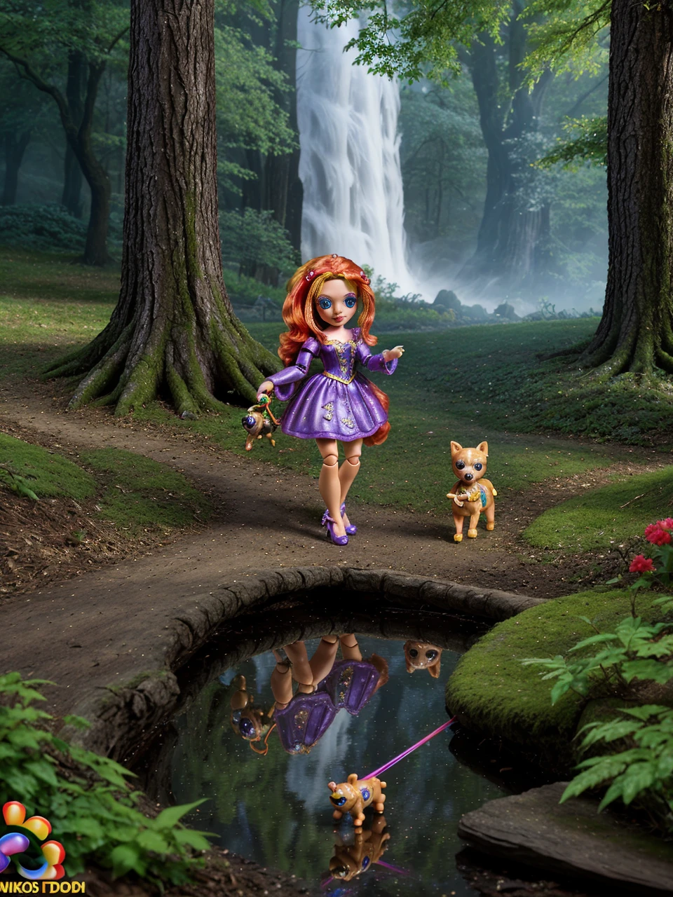 <lora:RainbowHigh:1> at a fairy tale magical wood, a rainbow high dolls is walking her plastic dog, 4k, tack sharp, nikon DSLR, master piece