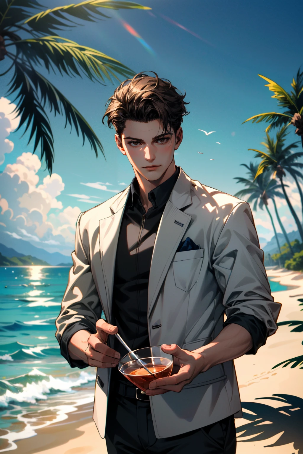 ((ultra detailed, masterpiece, absurdres))
<lora:DBHConnor:0.8>
DBHConnor, 1boy, short hair, brown hair, at a beach, holding a cocktail, palm trees, sand, ocean