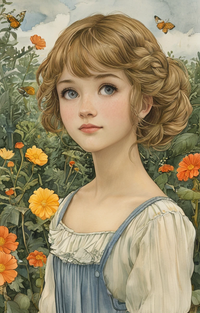 masterpiece,best quality,<lora:tbh142-sdxl:0.8>,portrait of idolmaster cinderella girls,illustration,style of Elsa Beskow,